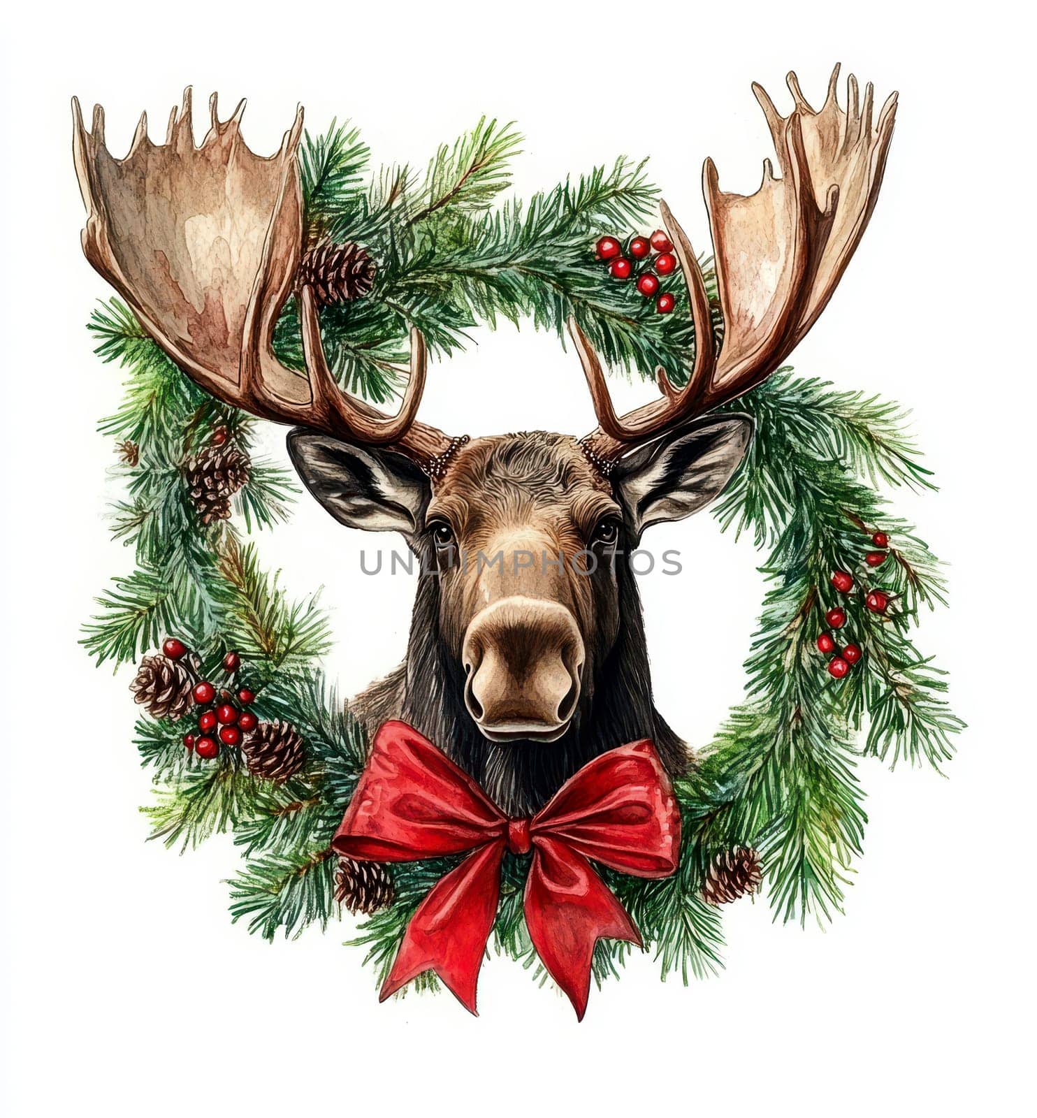Christmas moose head with red bow and Christmas wreath, pastel watercolor on white background, in the style of Nene Thomas, highly detailed, no shadows. --ar 13:14 --v 6.1 Job ID: 06171763-5a42-4749-82c8-8a4447be8f2a