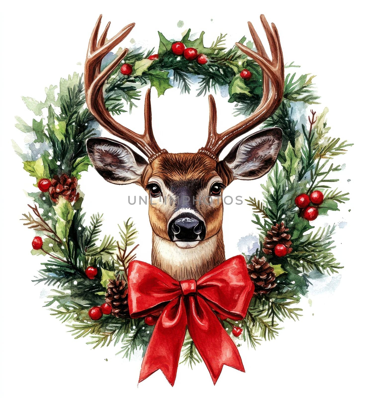 Christmas deer head with red bow and Christmas wreath on white background.