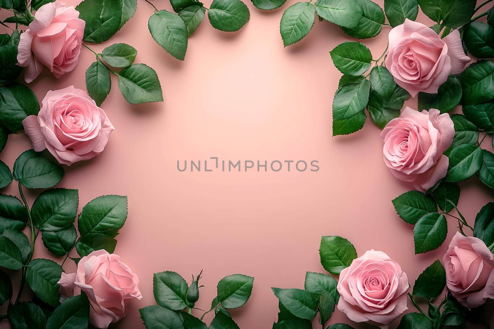 pink roses and rosebuds arranged on a soft pink background with space for text. Flat lay design of pink floral arrangement for a romantic setting..