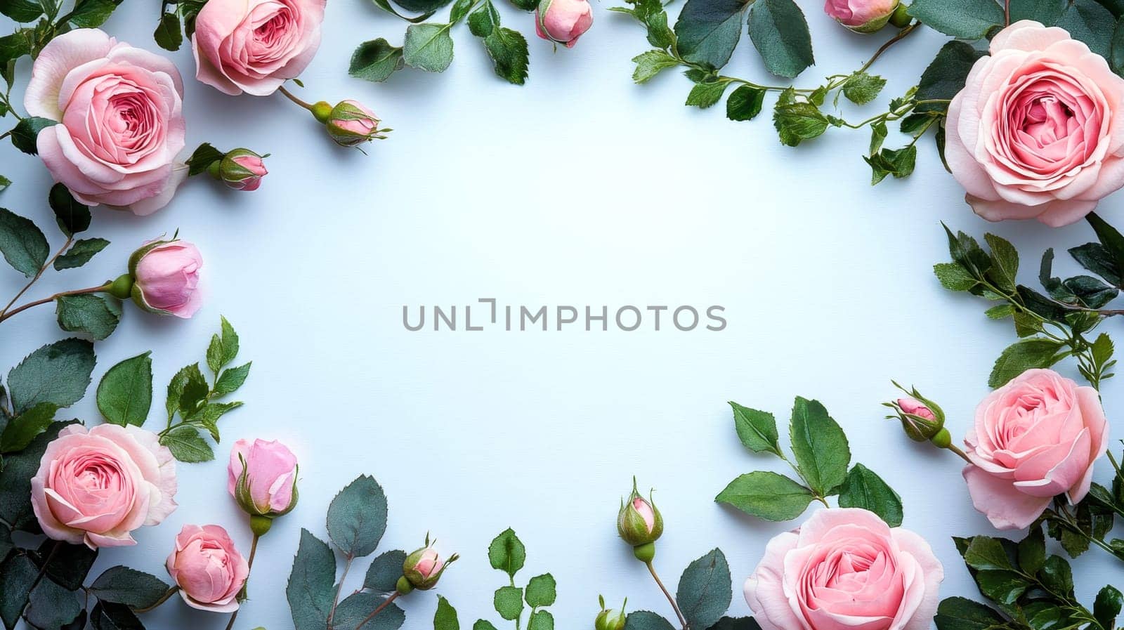 pink roses and rosebuds arranged on a white background with space for text. Flat lay design of pink floral arrangement for a romantic setting..