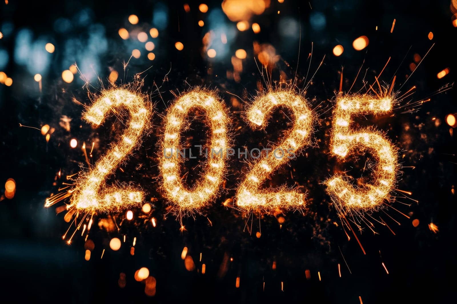 Happy new year fireworks making the number 2025, dark background, New year Celebration with fire work.