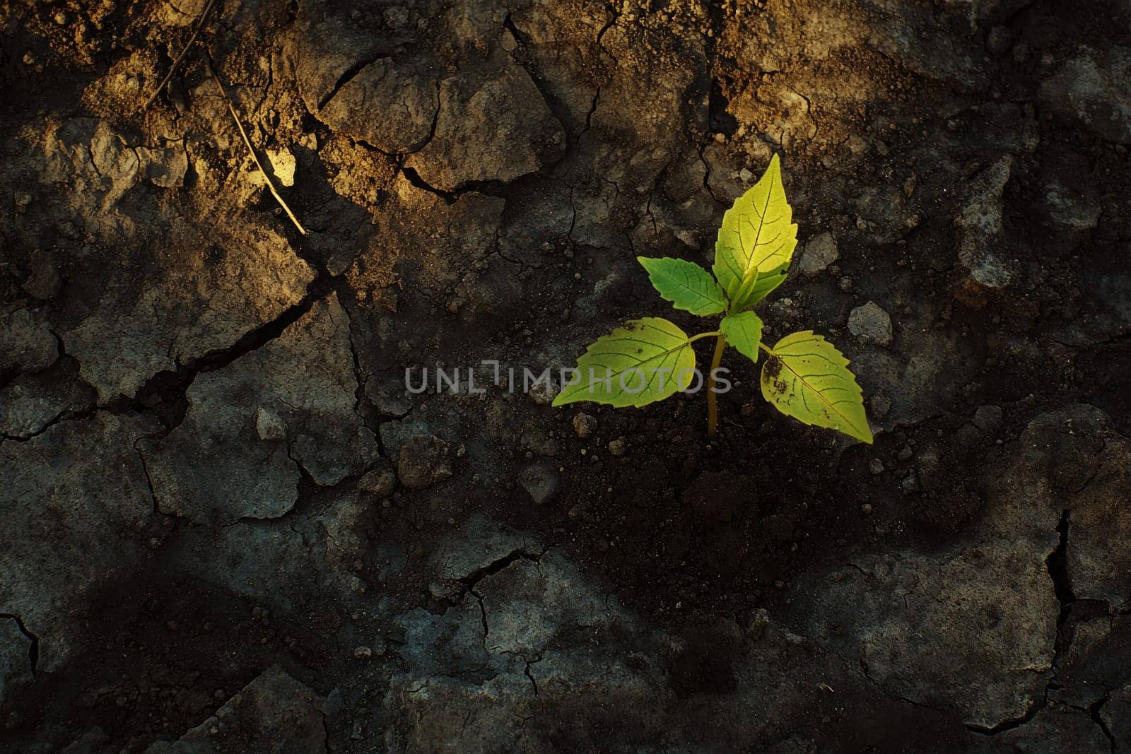 A close-up of a small plant growing in cracked, dry soil, symbolizing environmental change and resilience.