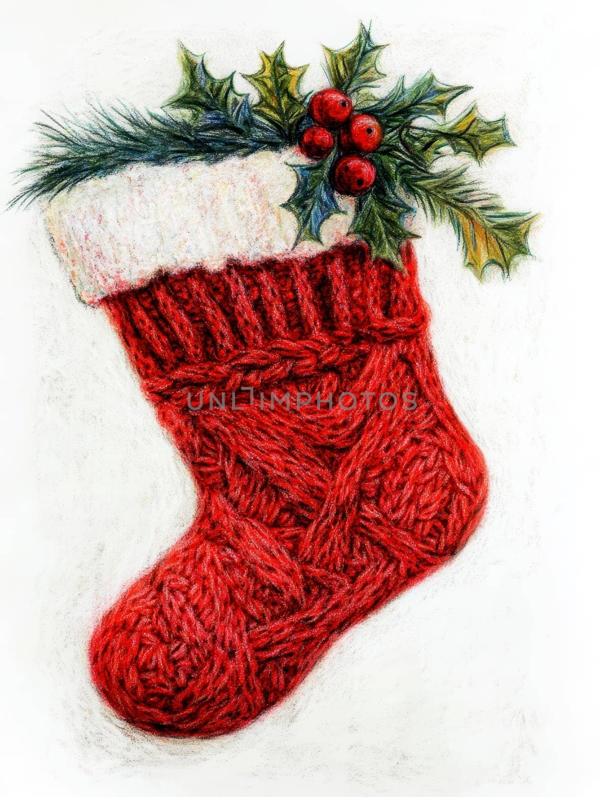 Festive Christmas red knitted sock with a mistletoe on White Background..