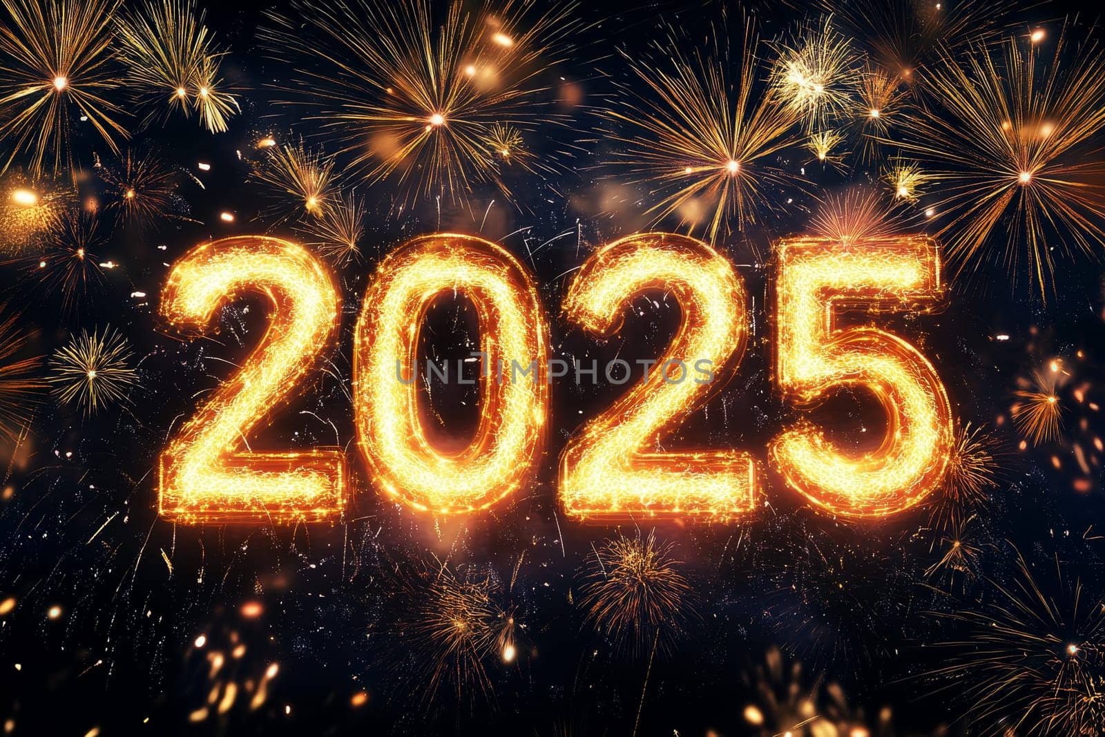 Happy new year fireworks making the number 2025, dark background, New year Celebration with fire work.