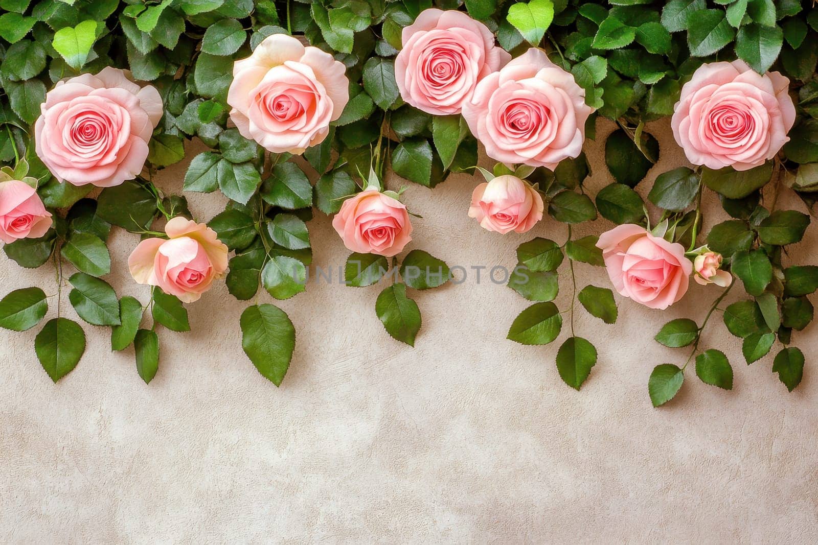 pink roses and rosebuds arranged on a soft pink background with space for text. Flat lay design of pink floral arrangement for a romantic setting..