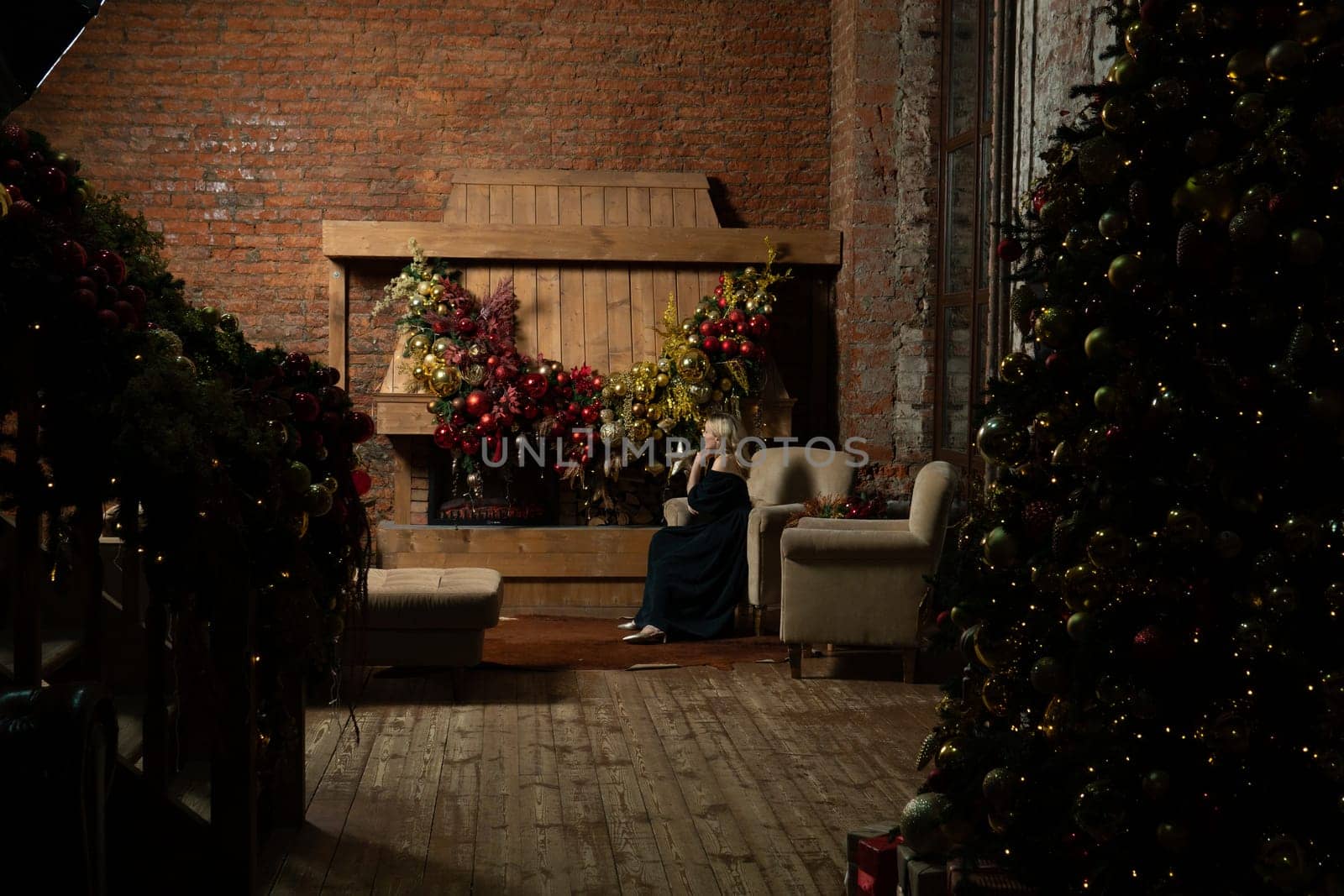 young home woman new tree year celebration holiday cozy fireplace girl christmas alone