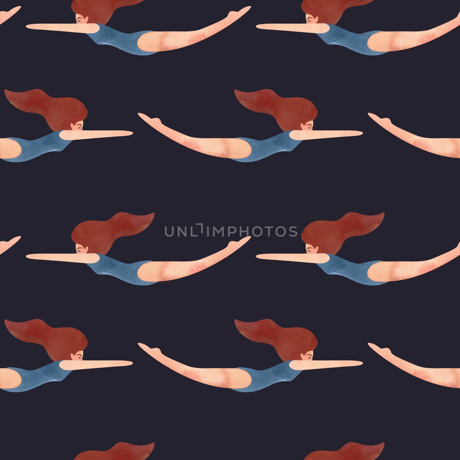 Seamless pattern with floating women in vintage style. Swimming. Watercolor illustration on black background.