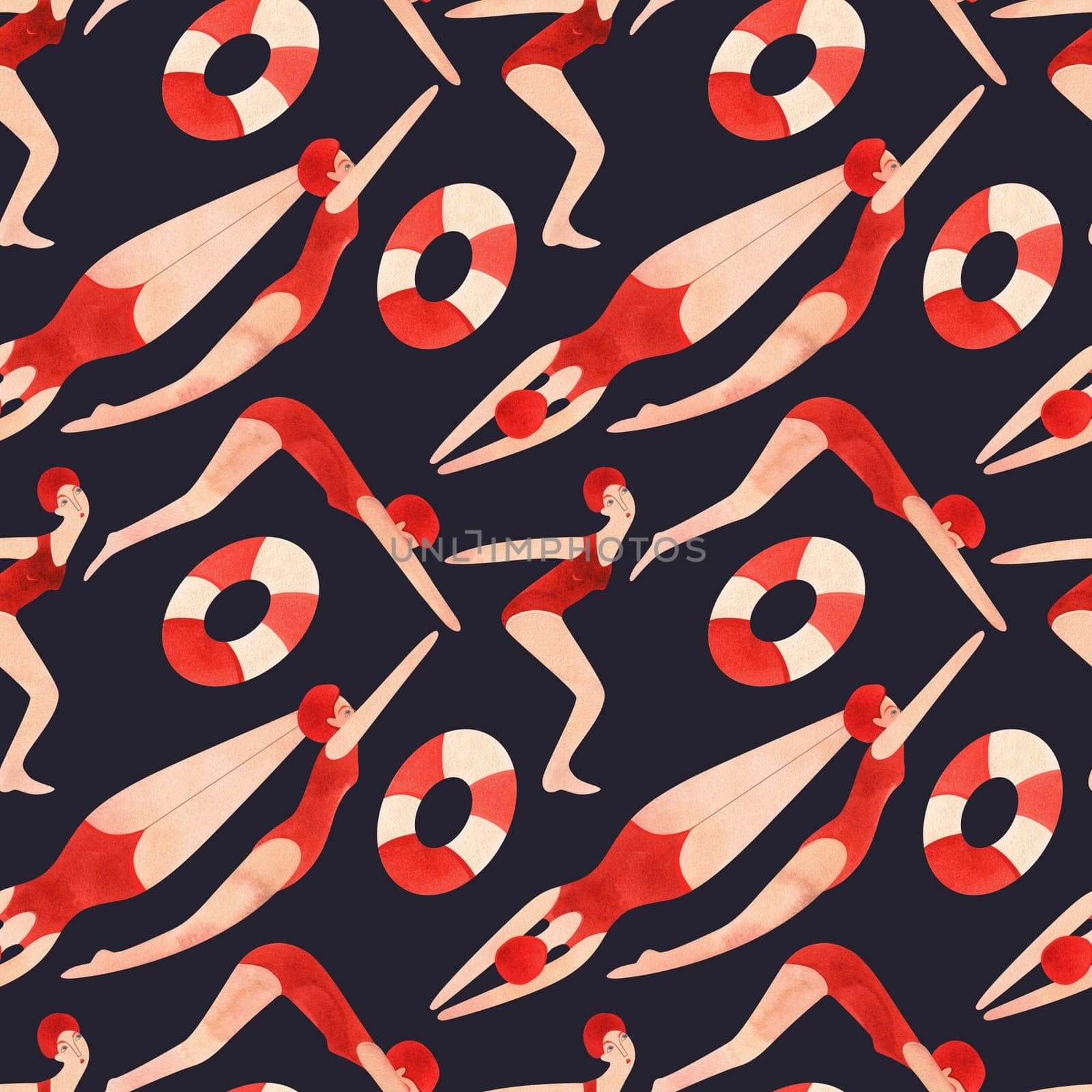 An athlete, a woman in a red swimsuit and a red cap is swimming. Seamless watercolor pattern, hand drawn. Black background.