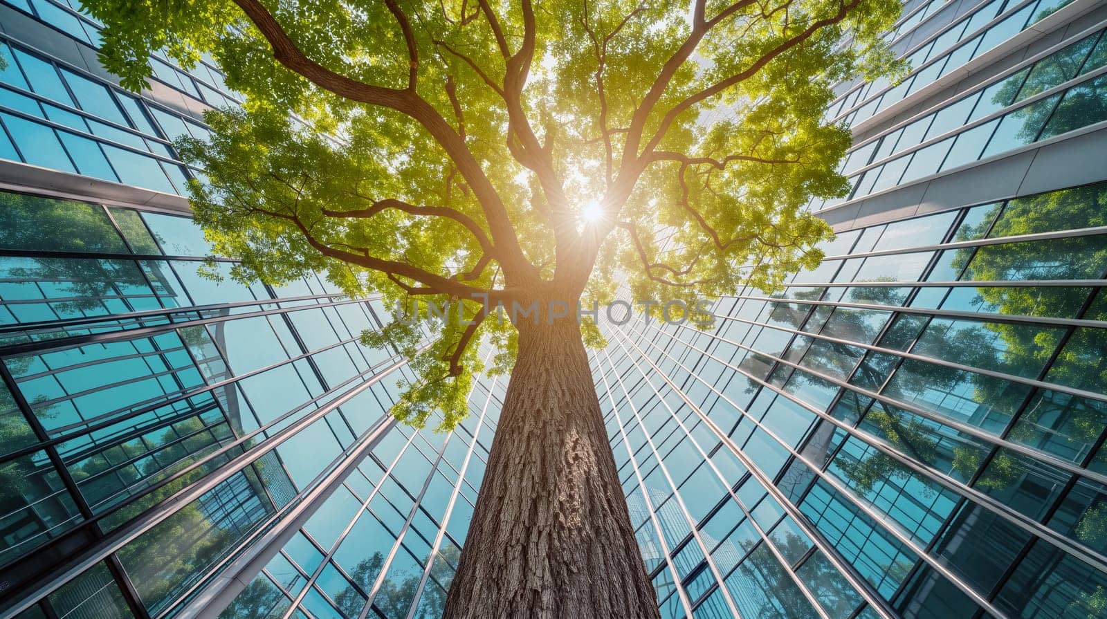 A vibrant tree reaches skyward, surrounded by tall glass buildings. Sunlight pours through the leaves, creating a peaceful contrast in the bustling urban environment - Generative AI