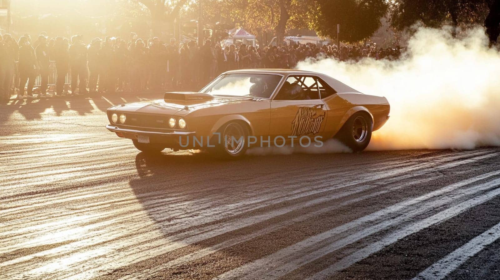 Powerful sports cars race through city streets at sunset, leaving a trail of smoke, thrilling spectators with high speed action