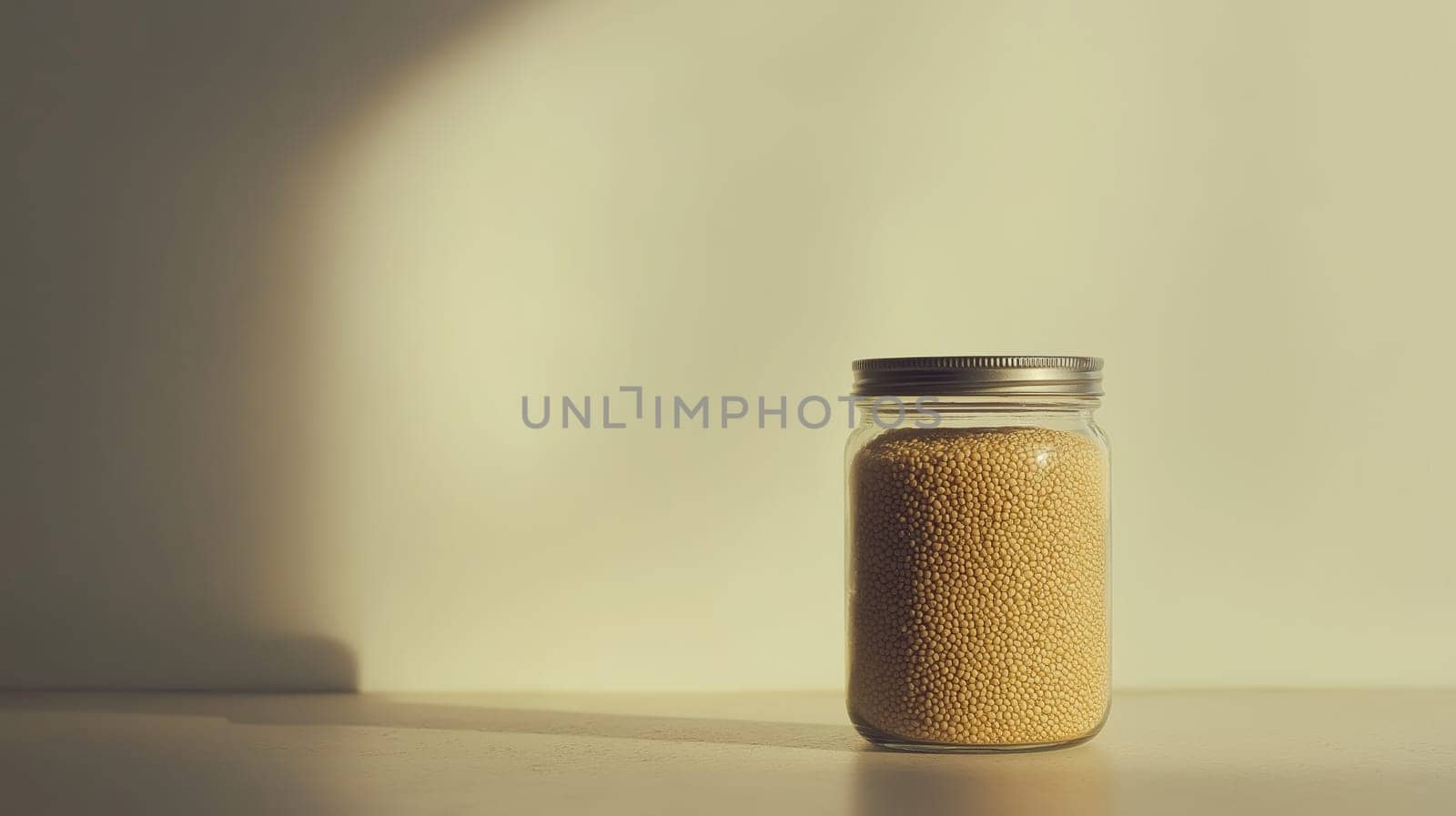 A small glass jar containing pale yellow amaranth seeds is highlighted in a sunlit setting. the minimalist composition emphasizes natural textures, ideal for themes of organic cooking, healthy living, and rustic kitchen decor.