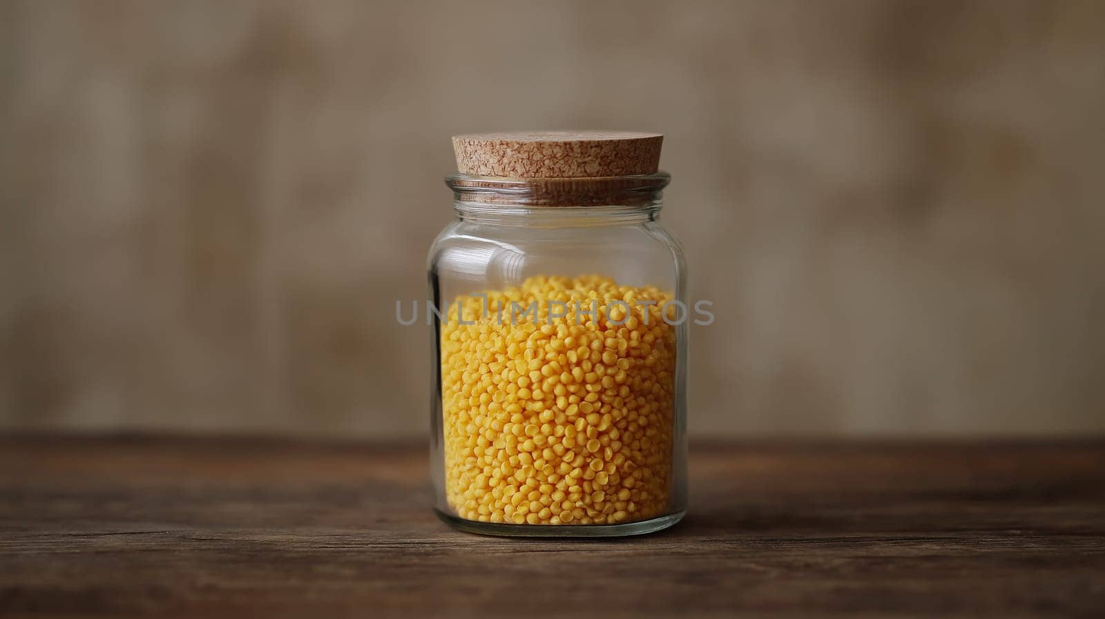 A clear glass jar with a cork lid is filled with bright yellow millet, placed on a rustic wooden table. the blurred neutral background offers a warm and cozy atmosphere, ideal for culinary or kitchen decor.