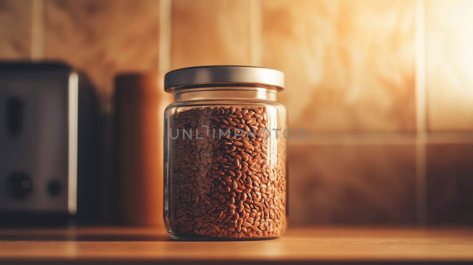 A clear glass jar filled with shiny brown flaxseeds, perfect for healthy cooking and kitchen storage, sits on a warm-toned kitchen counter. ideal for natural food photography, featuring organic ingredients and home organization.