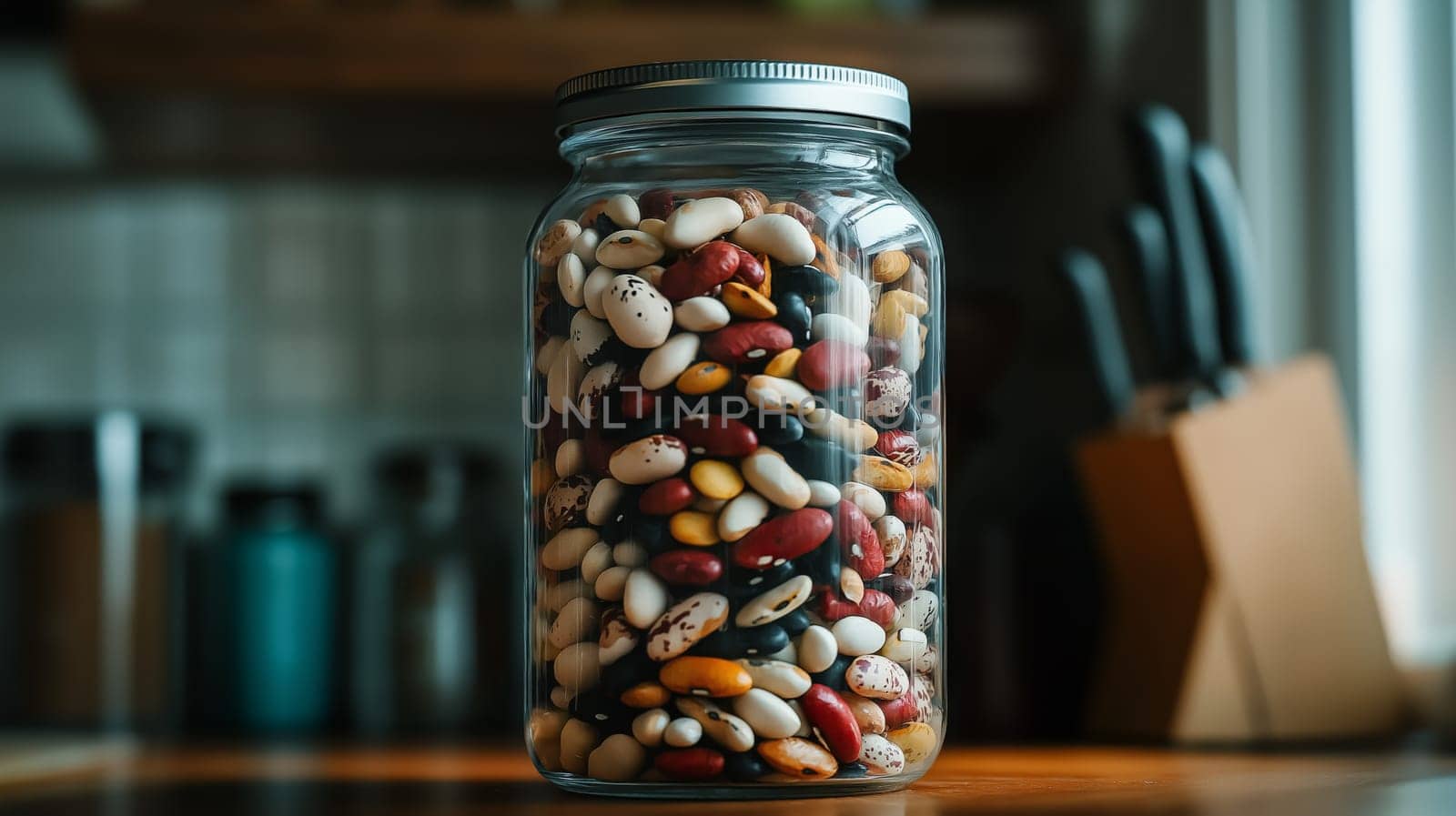 A transparent glass jar brimming with a colorful assortment of mixed beans is positioned on a kitchen countertop. the scene emphasizes natural lighting and a tidy kitchen setting, ideal for themes of healthy eating, storage, and home organization.