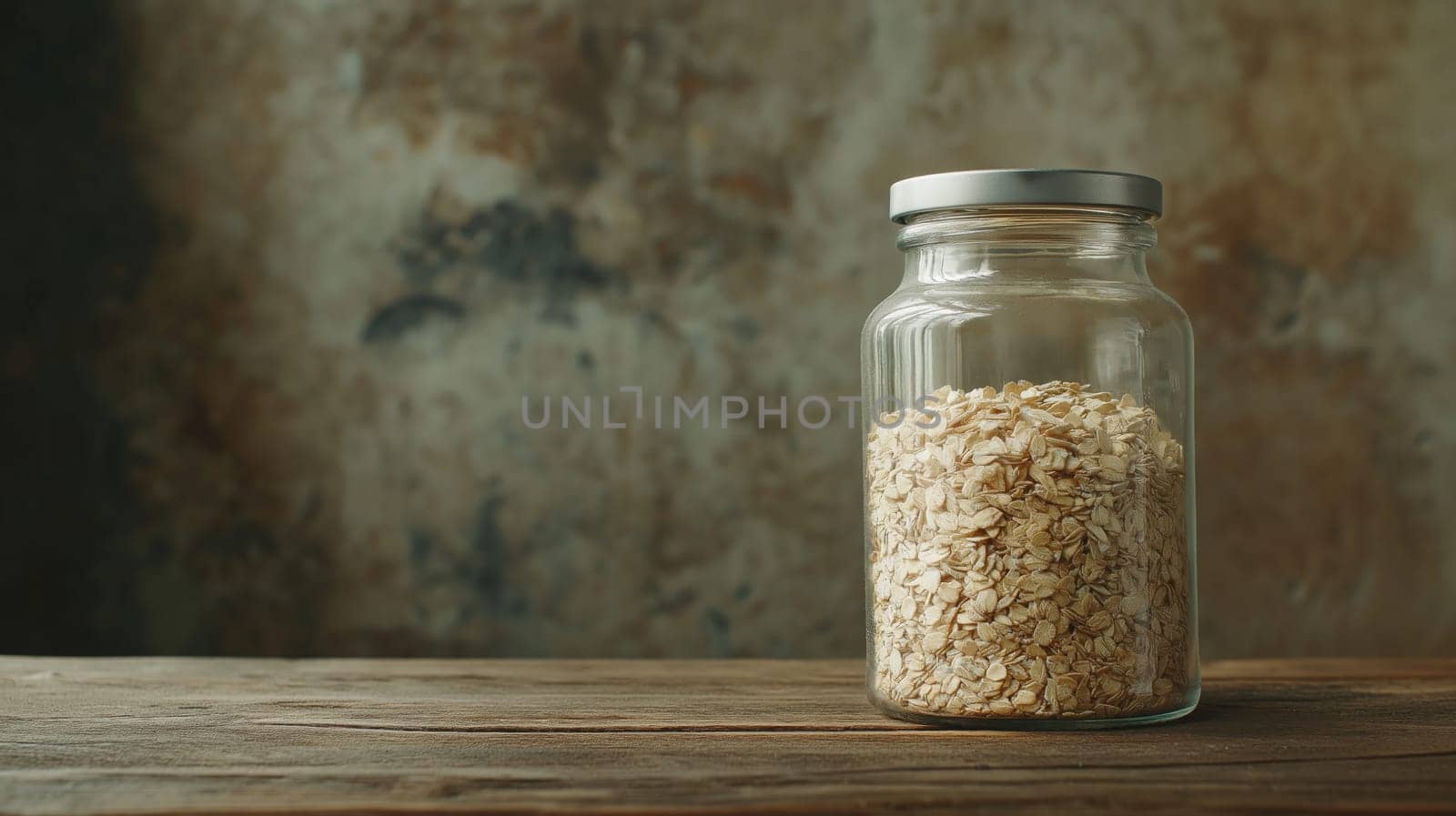 A glass jar filled with flaky oat bran resting on a rustic wooden table against a textured background. ideal for healthy eating, organic food concepts, or vintage kitchen decor themes.