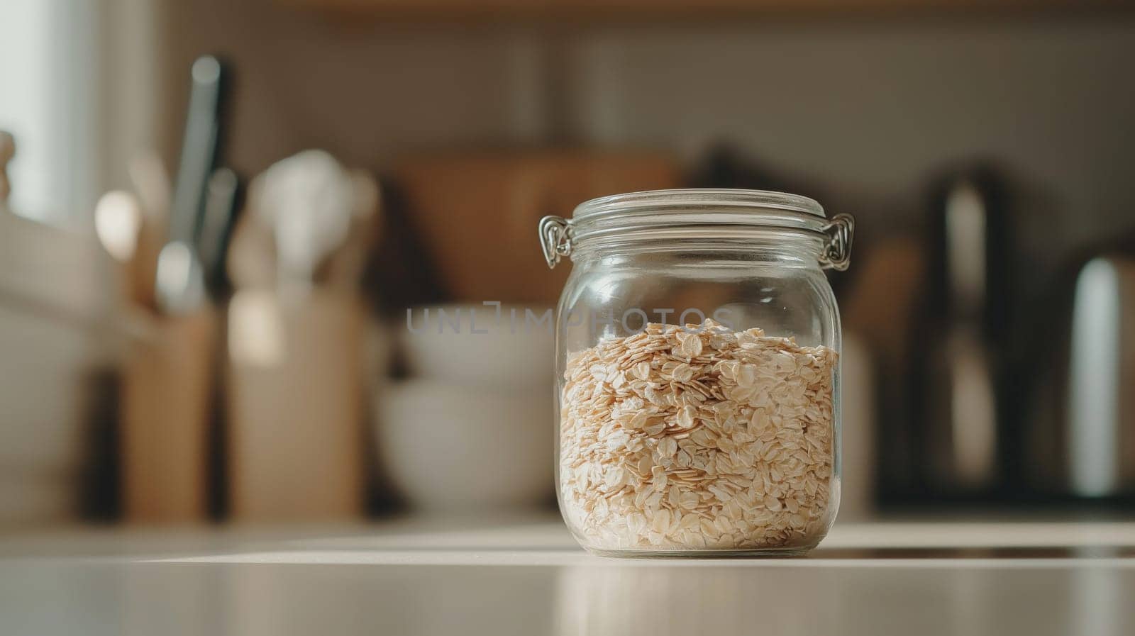 Rolled oats in a glass jar sit on a light-colored kitchen counter. soft natural lighting enhances the rustic kitchen setting, suggesting a focus on healthy eating and nutrition, perfect for breakfast themes.
