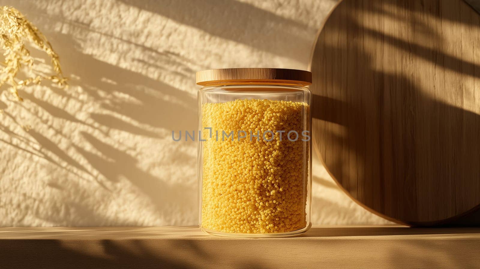 A clear glass jar brimming with bulgur grains is elegantly displayed on a sunlit kitchen shelf. the scene showcases a rustic, minimalist aesthetic, the natural hues and textures, perfect for culinary and home decor inspiration.