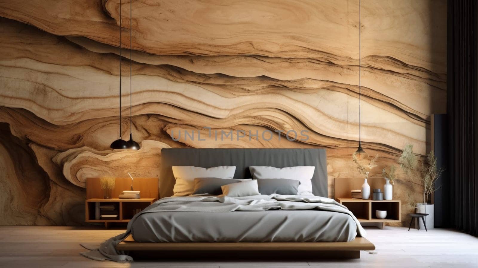 Bedroom interior. Shade of the bedroom wall with the illusion of solid wood. Solving the environmental problem of deforestation. Replacement of natural building materials with alternative ones.