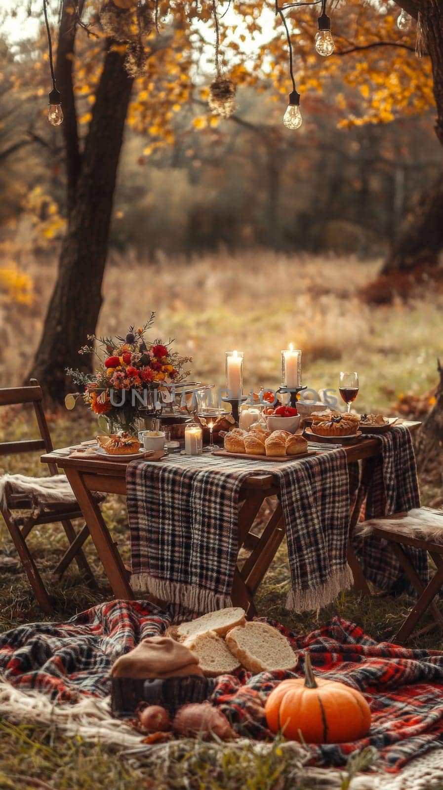 A very beautifully set table in nature, in a cozy autumn garden. High quality photo
