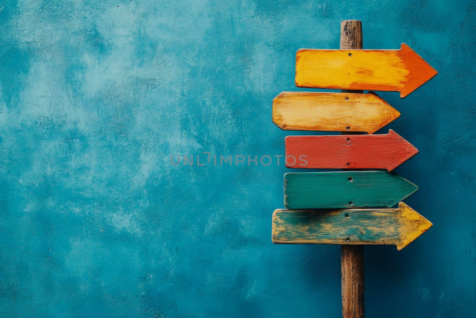 Wooden pole with multicolored arrows pointers on isolated blue background. High quality photo