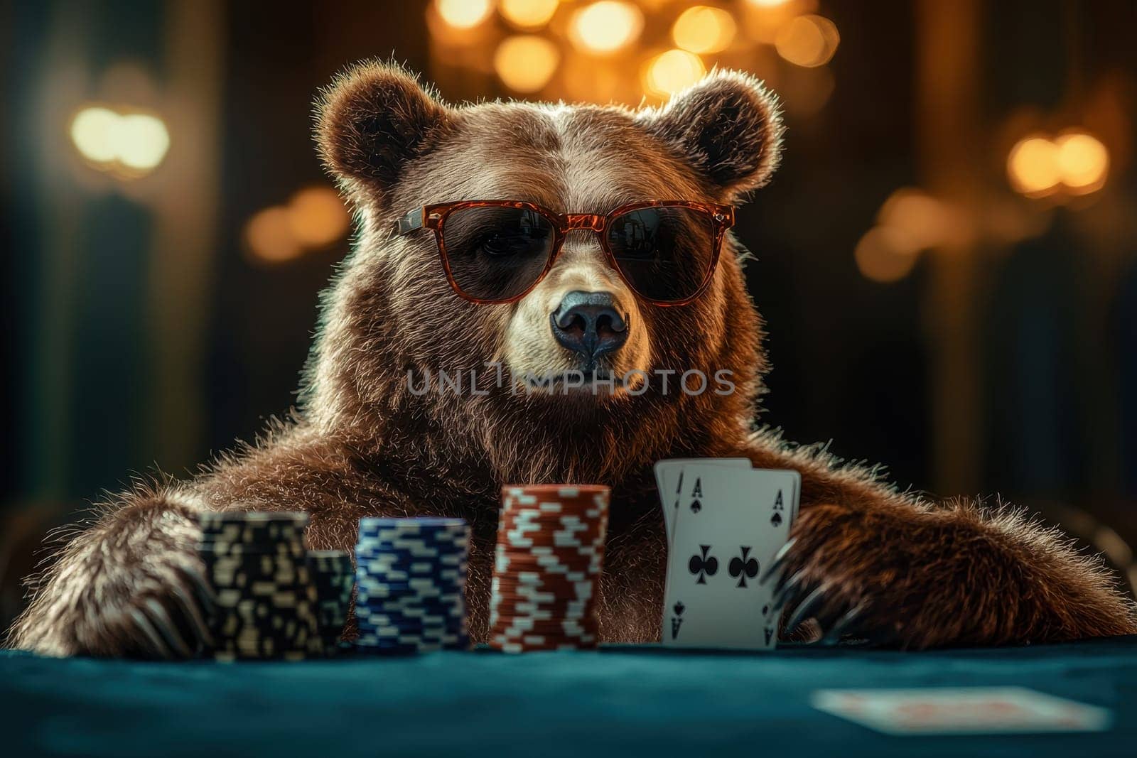 A calm bear wearing retro sunglasses sits at a table, confidently holding playing cards with colorful chips stacked beside it, creating a whimsical and entertaining atmosphere.