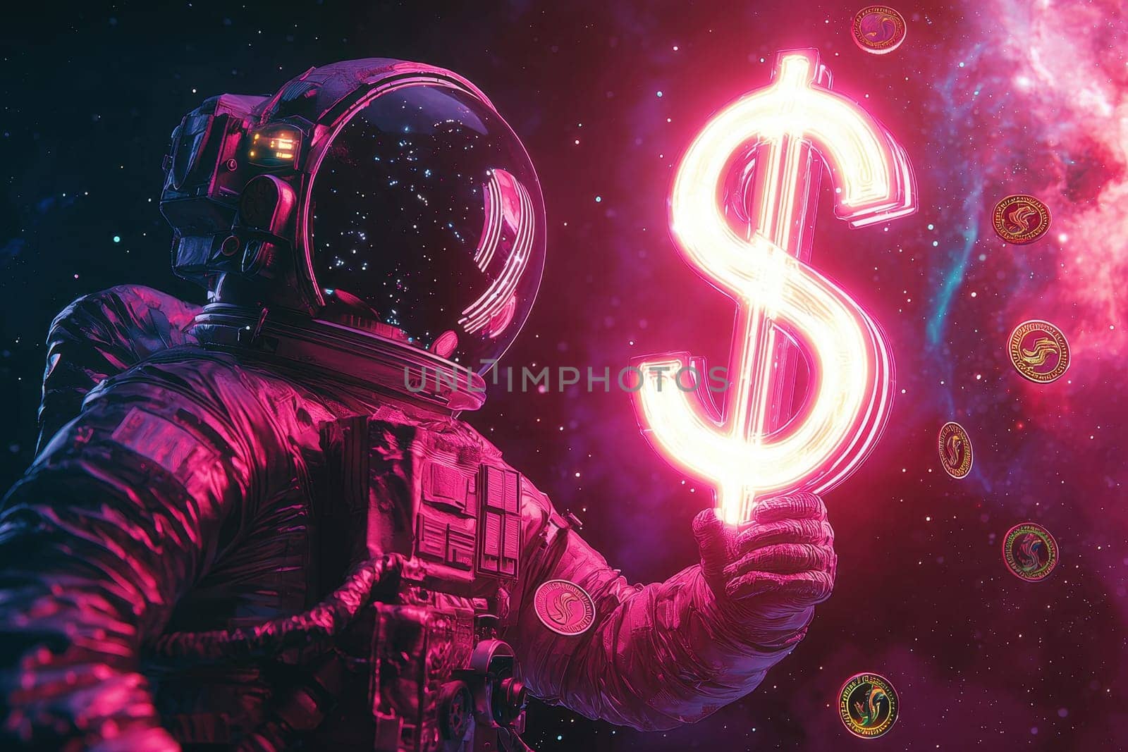 A gripping surreal scene features an astronaut holding a neon dollar sign in a dark cosmic environment, blending elements of space and fantasy, evoking intrigue and imagination.