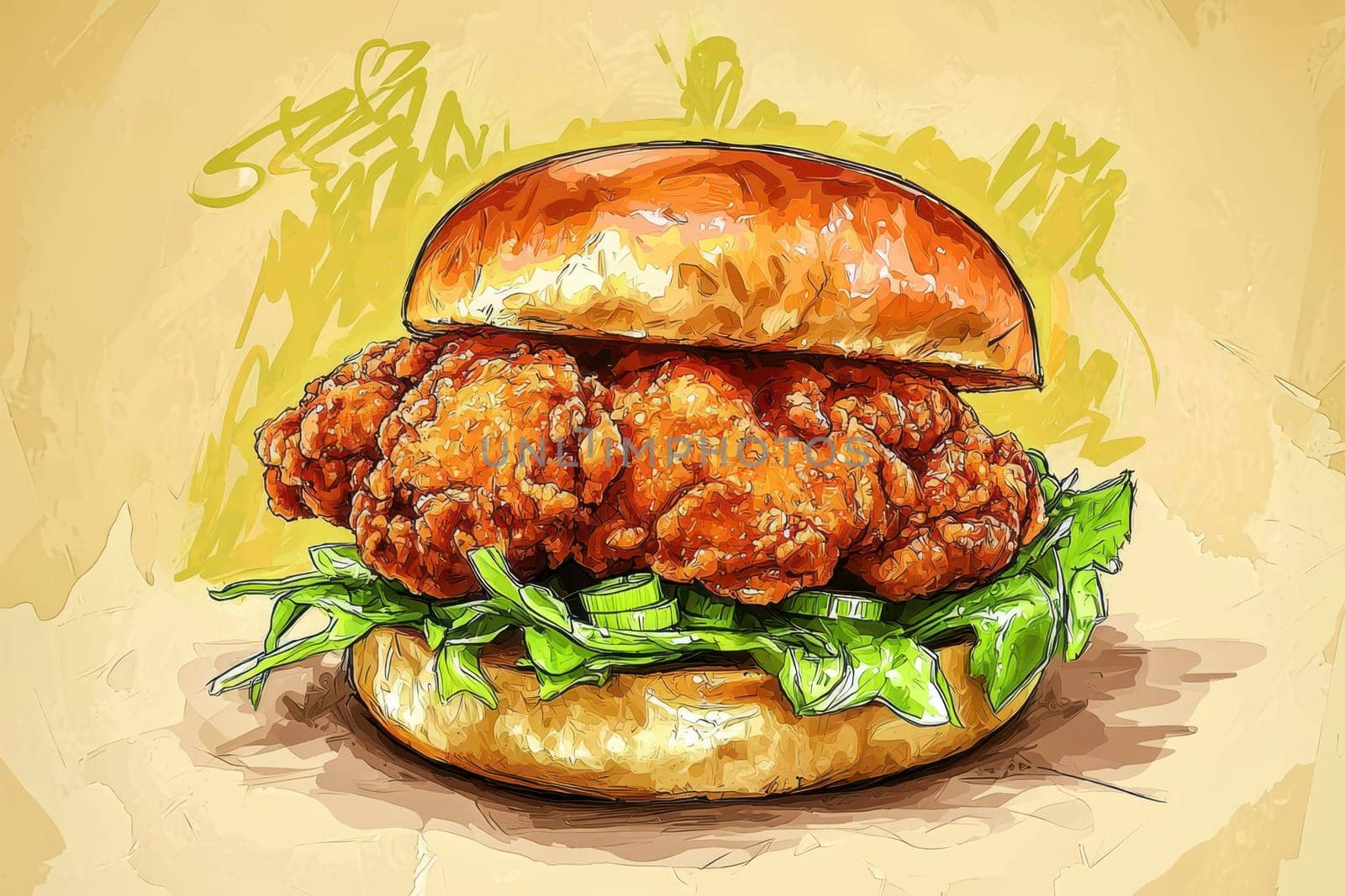 A vibrant illustration of a crispy fried chicken sandwich with fresh lettuce on a soft bun, perfect for food lovers. Captures the essence of comfort food.