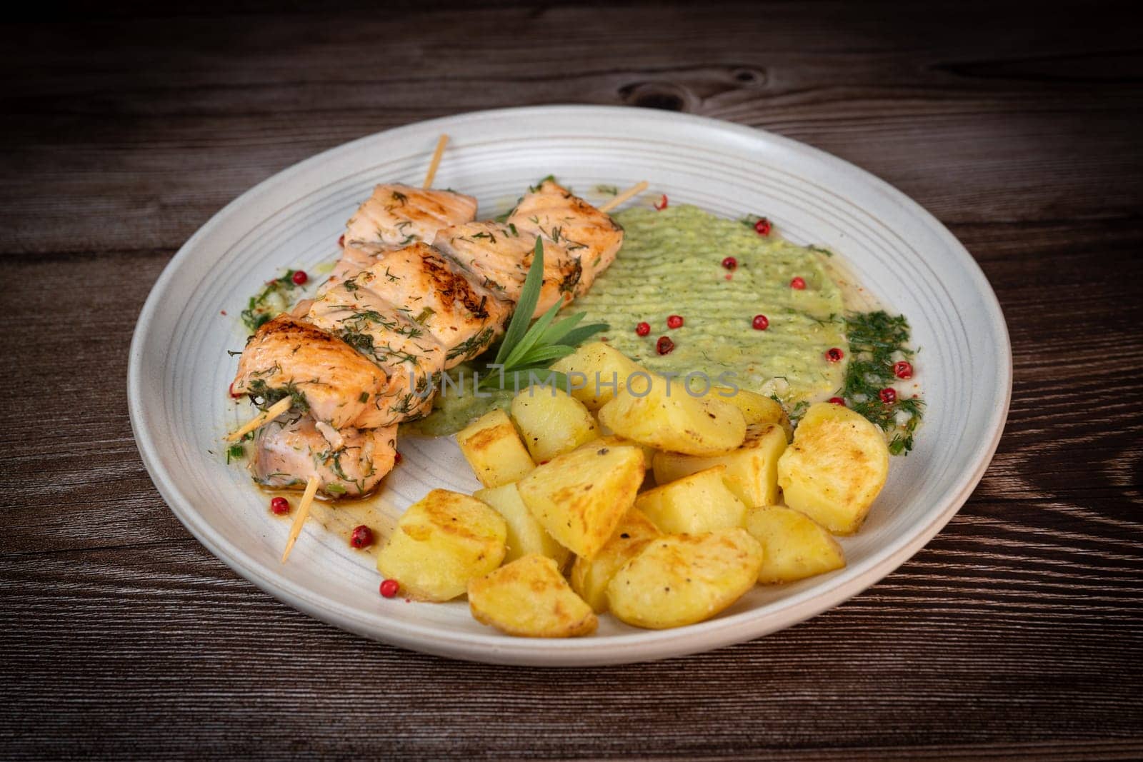 Barbecued salmon skewer with potatoes and broccoli Puree, High quality photo