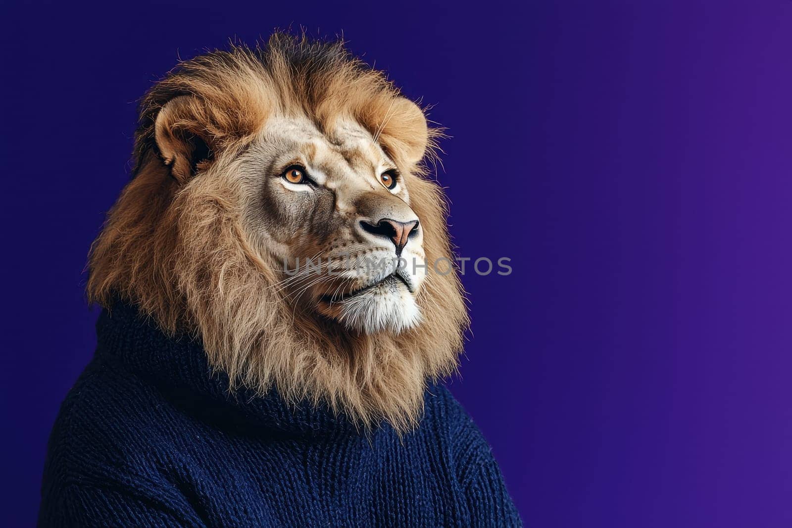 A striking lion wearing a blue sweater stands out against a vivid purple background. This portrait captures the majestic essence and unique fashion statement of the animal.