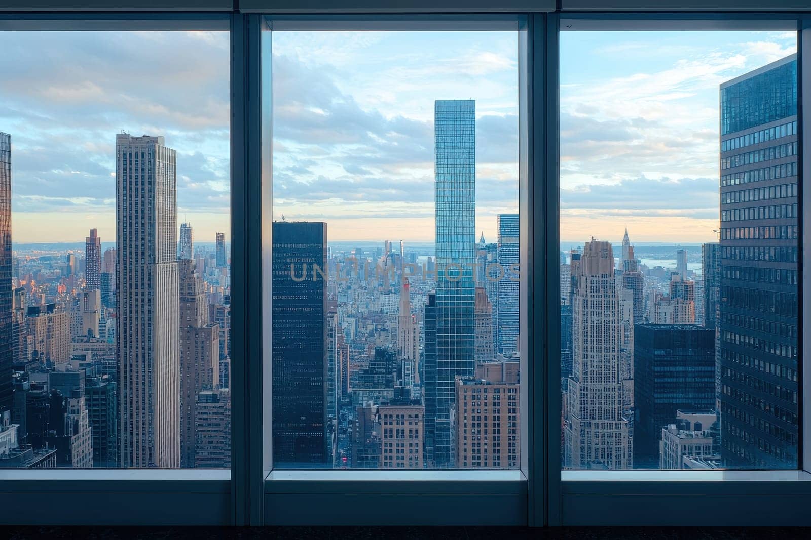 A stunning view from an office building showcasing modern architecture and a vibrant city skyline through large glass windows, reflecting the urban landscape.