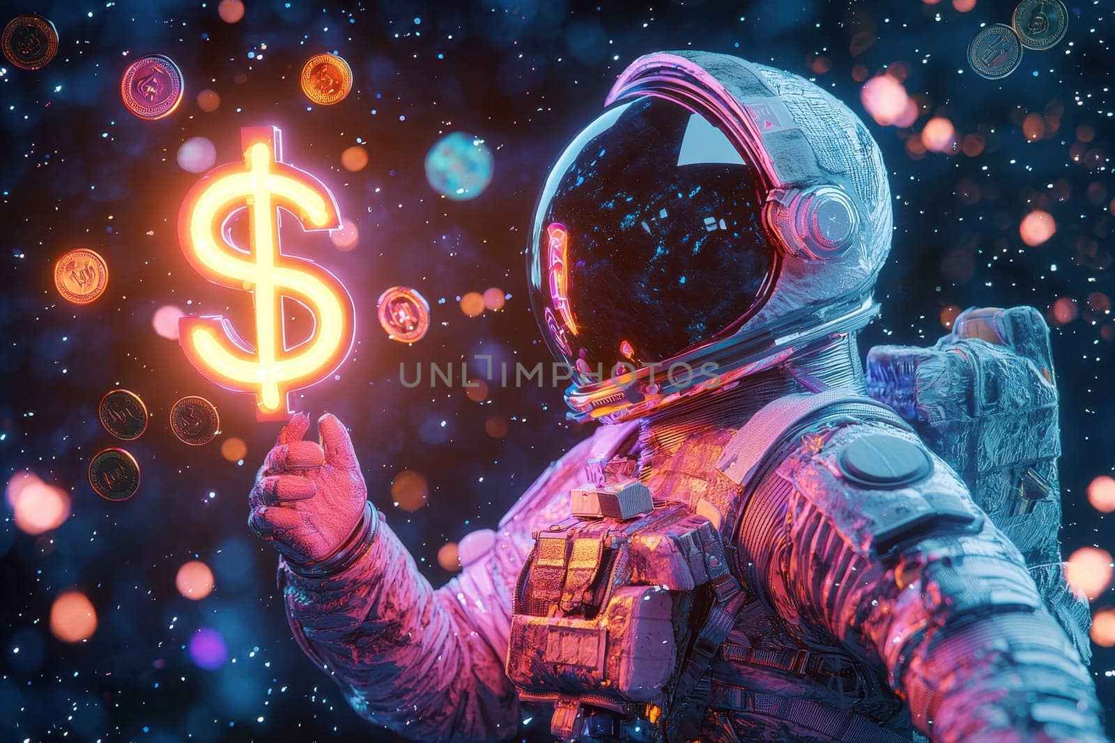 A futuristic astronaut in a sleek space suit holds a glowing currency symbol amidst a vibrant cosmic backdrop, symbolizing exploration and financial innovation in a whimsical universe.