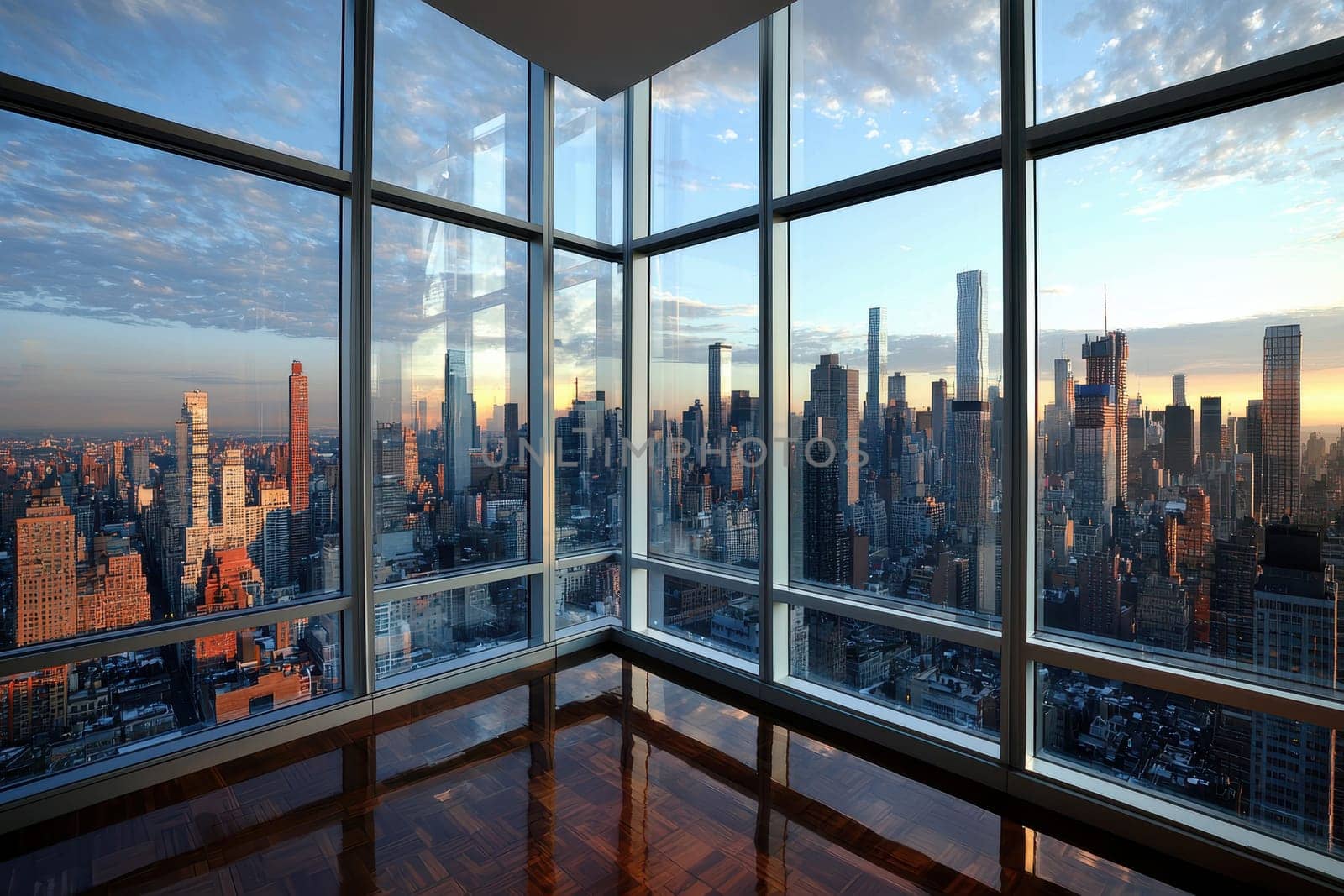 A stunning view from a modern office building featuring expansive glass windows that reflect the urban skyline at sunset, showcasing architectural beauty.
