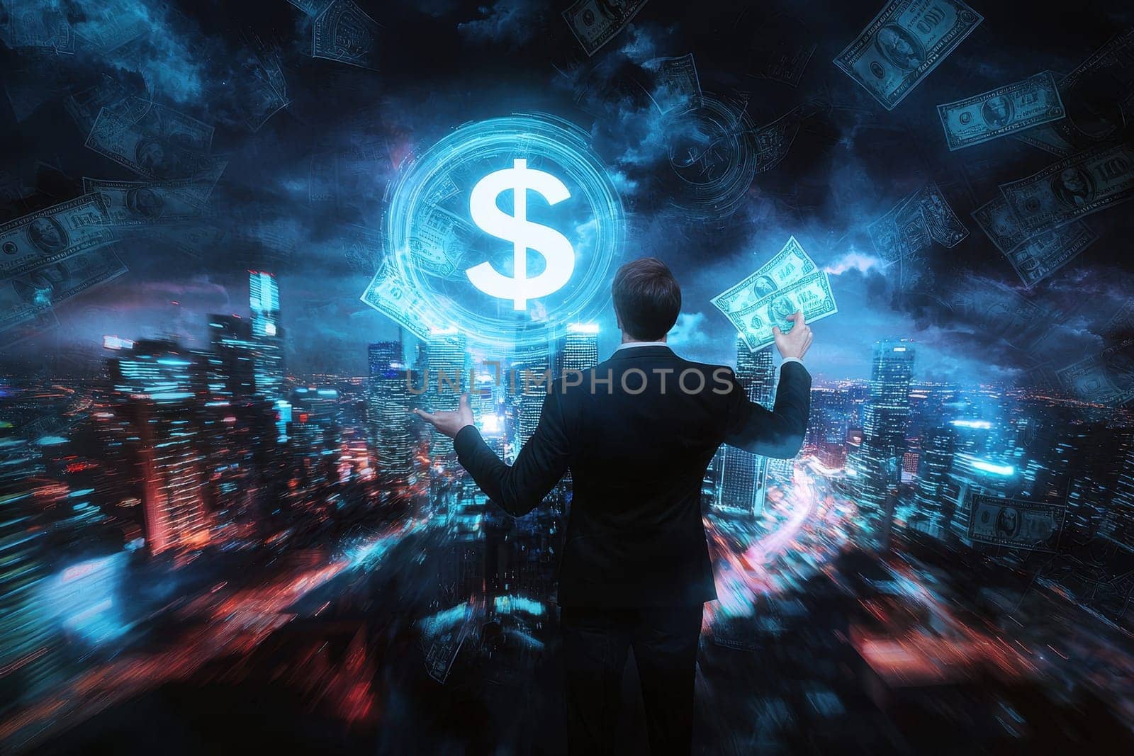 A dynamic double exposure image of a businessman surrounded by dollar symbols against a vibrant city skyline, representing finance and success in a modern world.