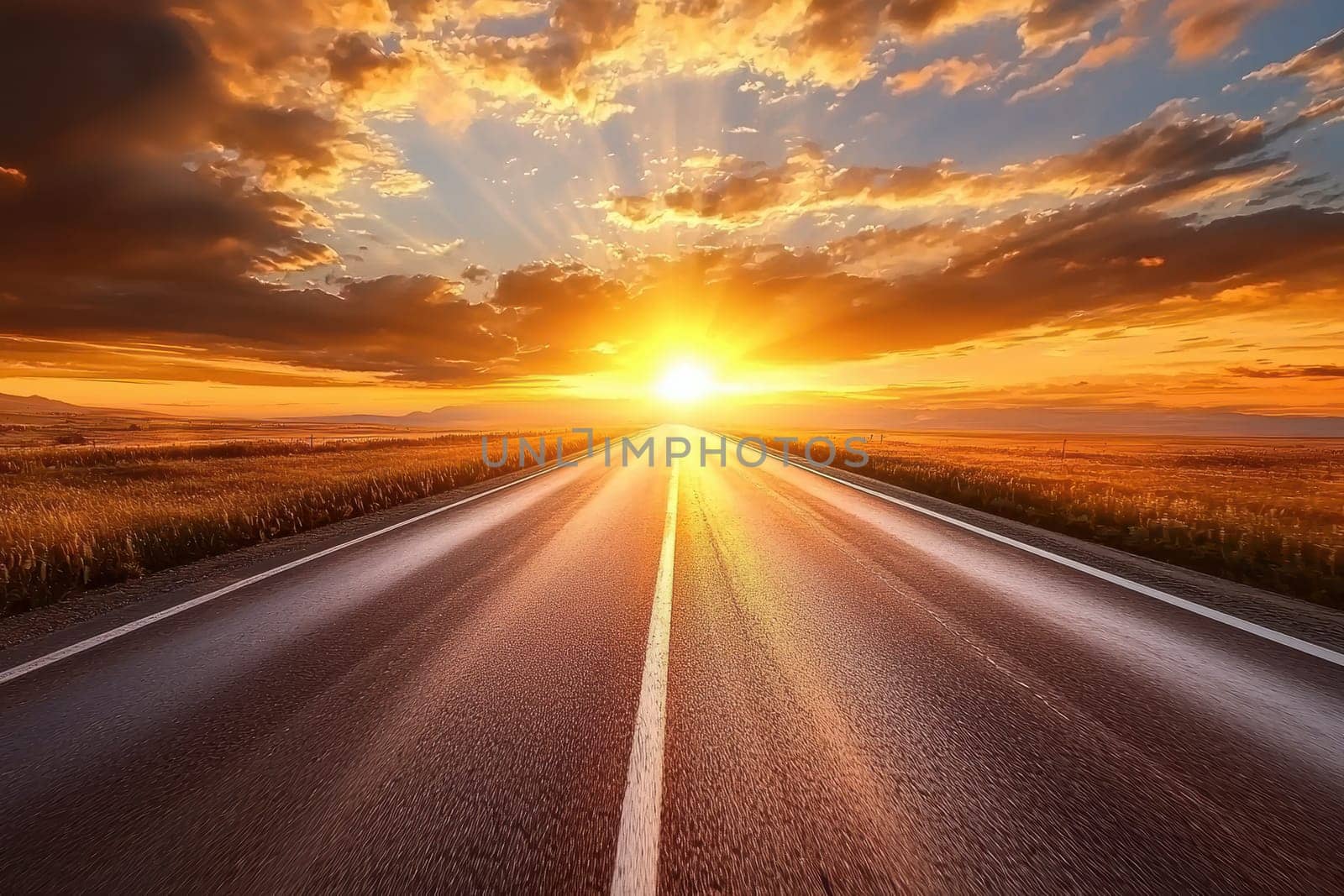 A stunning view of a racing road leading into a glowing horizon at sunset. The asphalt reflects bright light under a spectacular sky filled with warm colors.