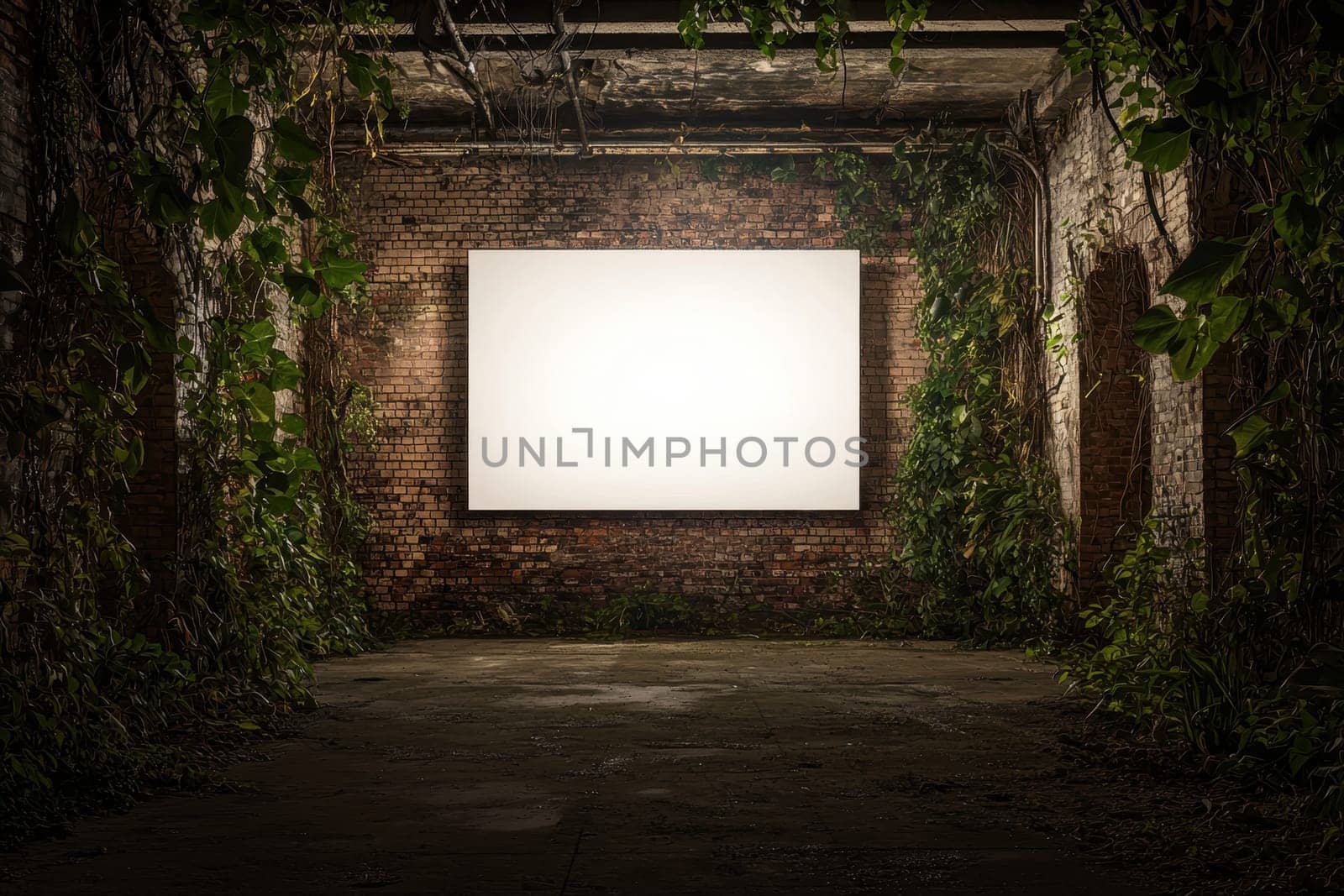 A large white billboard mounted on a brick wall, surrounded by lush greenery and vines. The scene captures an empty indoor space perfect for advertising or display.