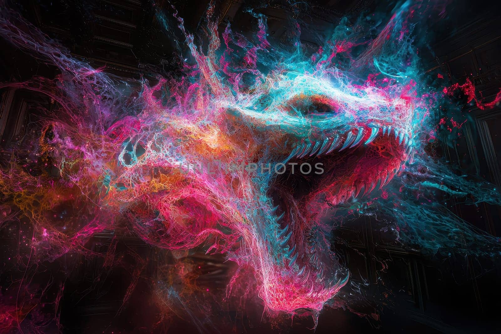 This surrealistic dark digital collage features a vibrant creature emerging from chaotic colors, showcasing an imaginative blend of light and texture.