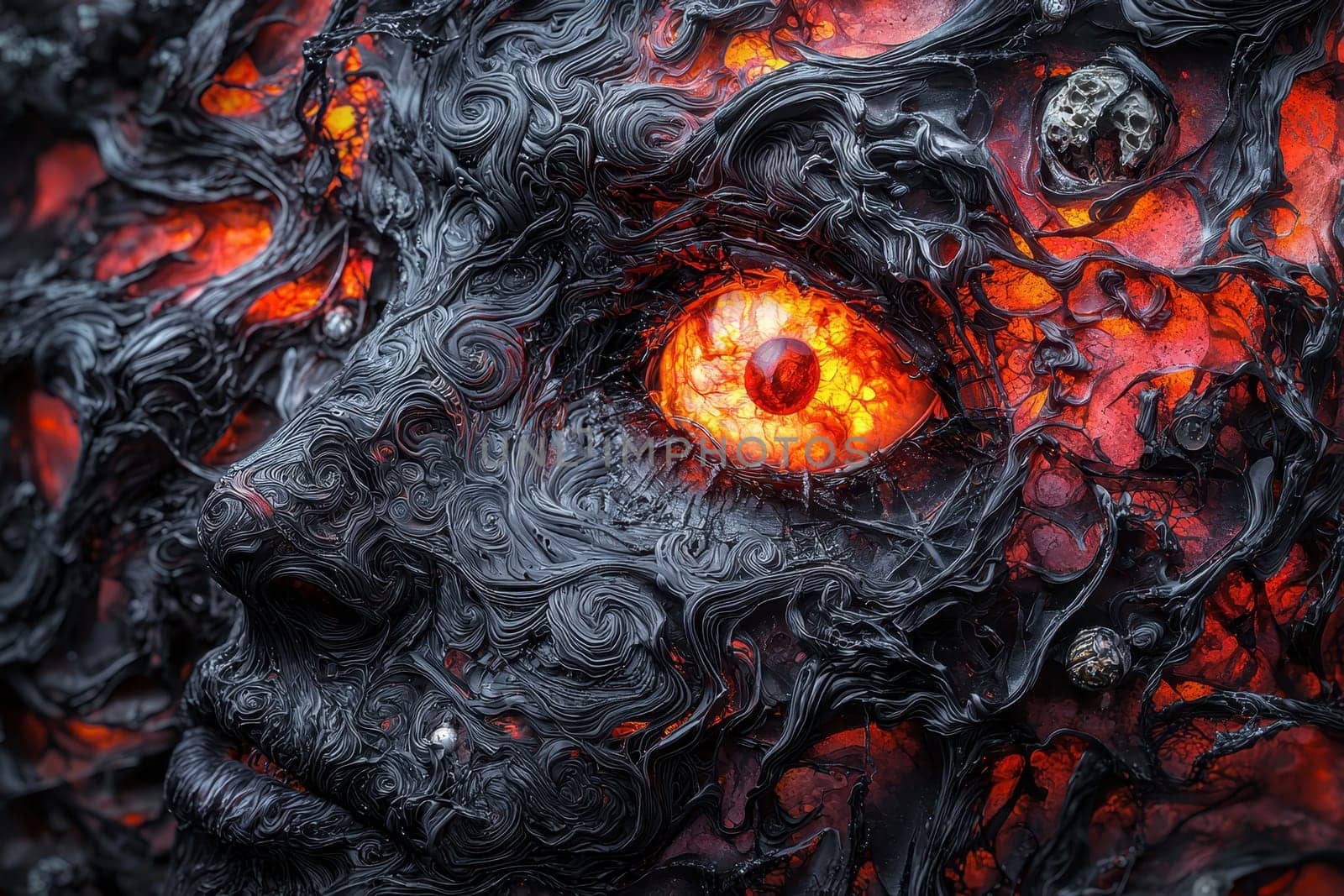 This surrealistic digital collage captivates with its dark and fiery elements, creating an imaginative and haunting portrayal that evokes strong emotions and intrigue.