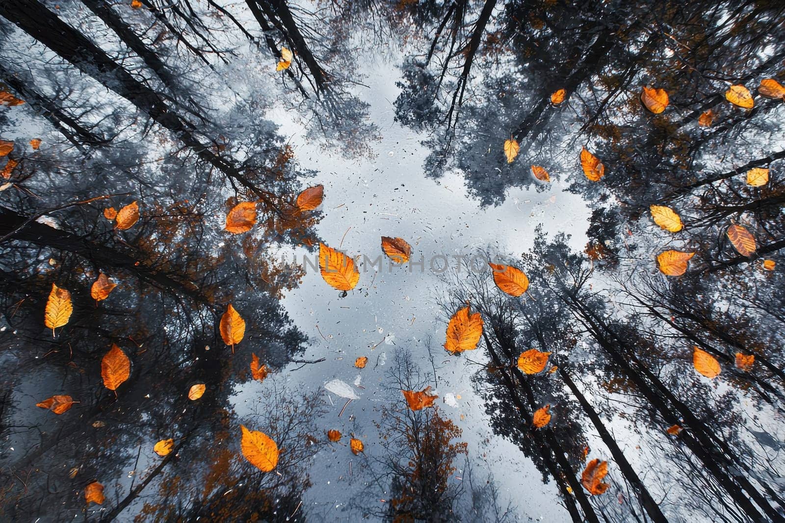 A captivating view of autumn leaves suspended above tranquil forest water, beautifully reflecting the surrounding trees and sky, evoking peace and serenity.