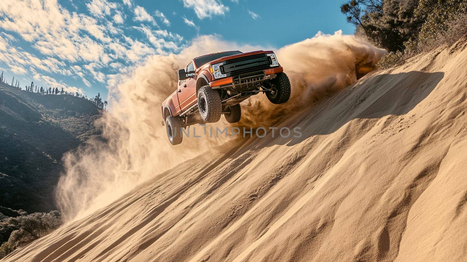 A powerful pickup truck soars over a sandy dune, kicking up dust while driving through a sunlit forested landscape, highlighting the excitement of off-road driving.