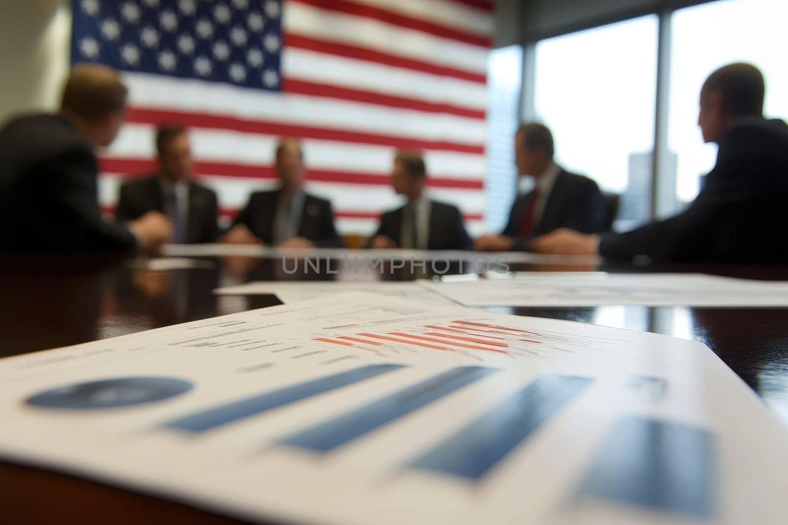 A group of men are sitting around a table with a large American flag behind them. The men are dressed in suits and ties, and there are several papers on the table. Scene is serious and professional