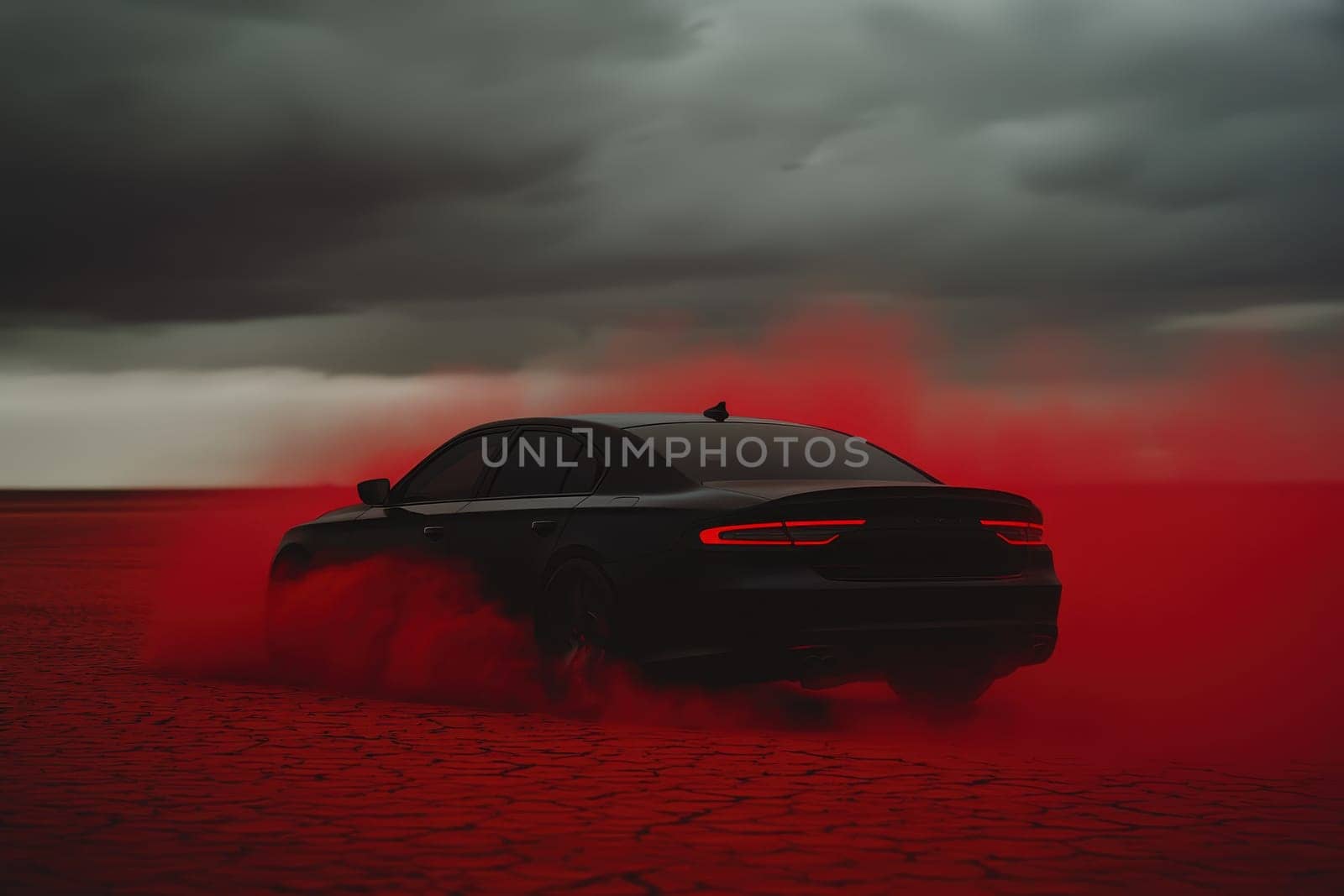 A black car is driving through a red dust cloud. The car is surrounded by a red haze, and the sky is dark and cloudy. The scene is dramatic and intense