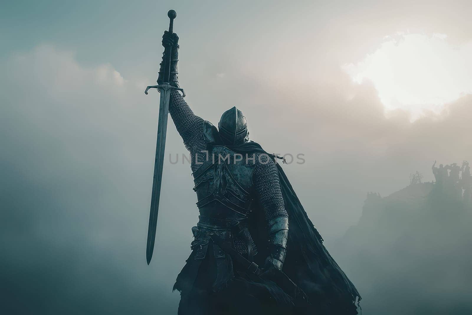 A knight is holding a sword and is standing in front of a castle. The castle is surrounded by a foggy atmosphere