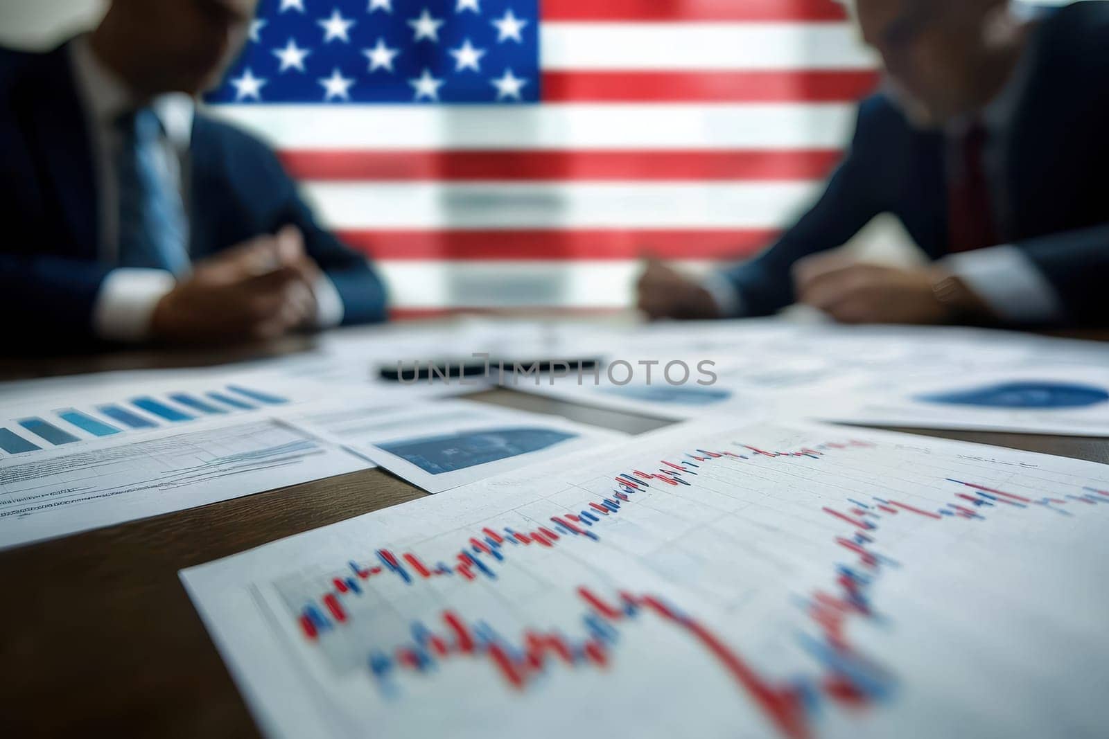 Two men are sitting at a table with a large American flag behind them. They are looking at a large graph on a piece of paper