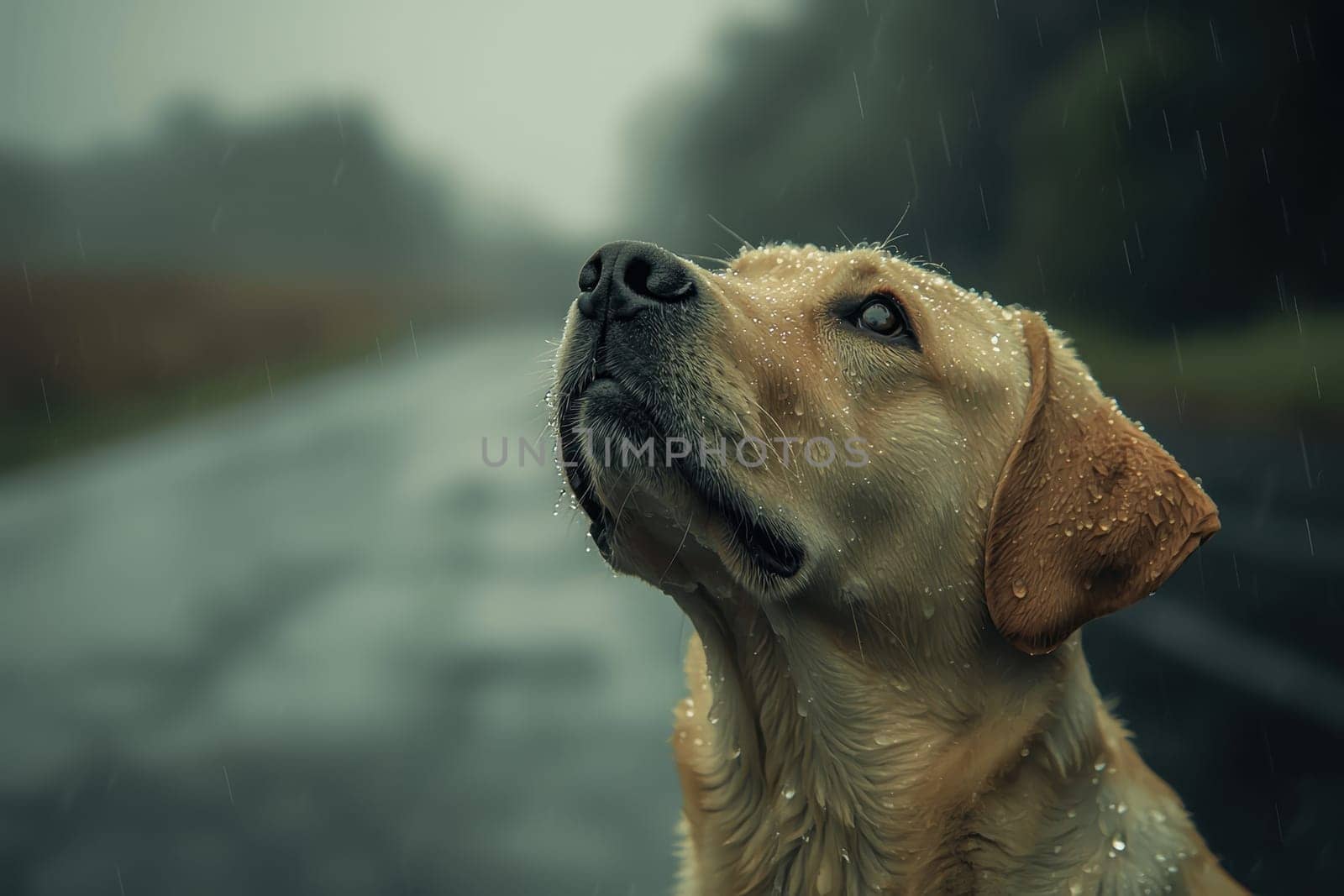 A dog is standing on a wet road, looking up at the sky. The dog appears to be looking at something in the distance, possibly a bird or another animal. The scene is peaceful and serene