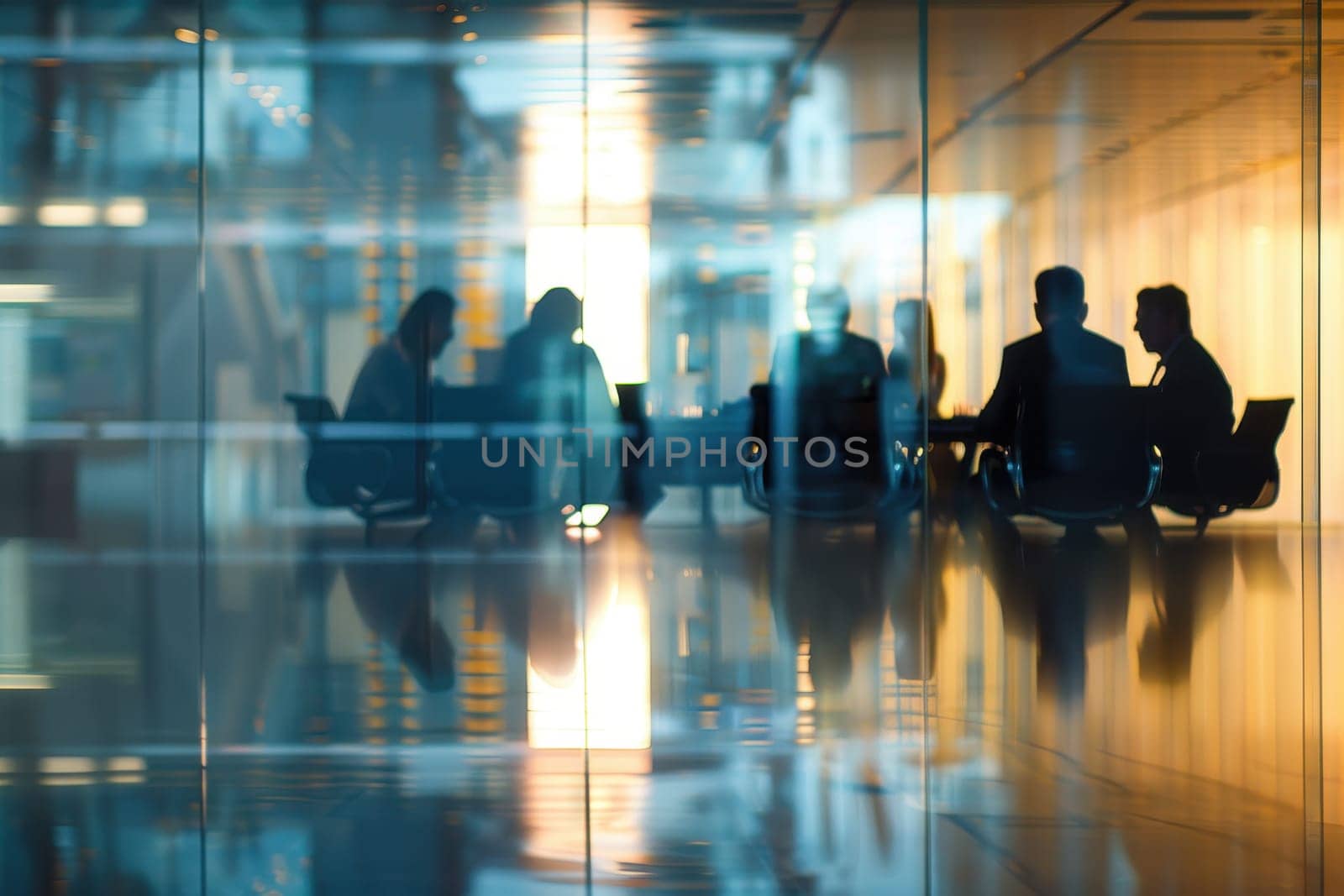 A group of people are sitting in a conference room with a glass wall. The room is dimly lit and the people are all wearing suits. The atmosphere is serious and focused