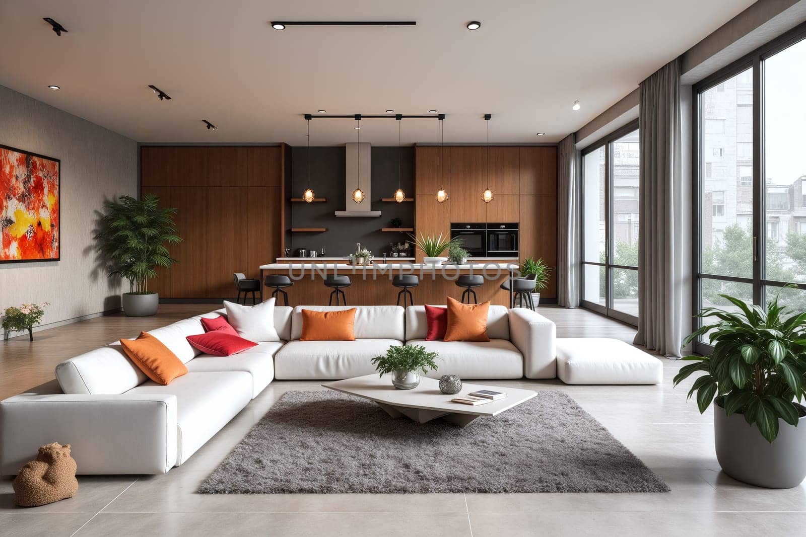 A bright, modern living room boasts a large white sectional with colorful cushions, a sleek coffee table, and greenery enhanced by natural light from large windows - Generative AI