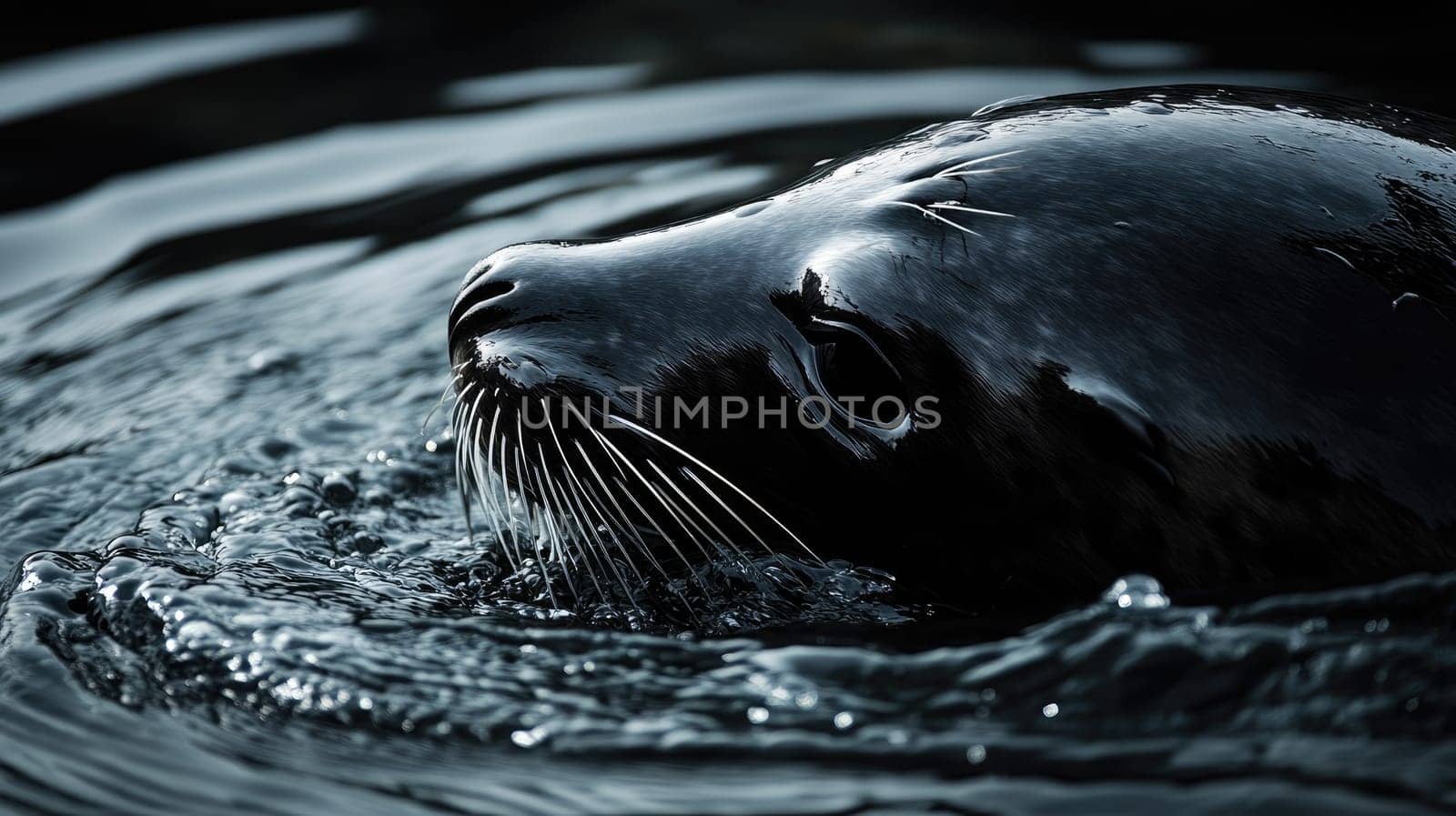 A seal surfaces in calm, dark water, its whiskered face breaking the surface as it gazes curiously. The tranquil reflections enhance the peaceful atmosphere of the surrounding habitat.