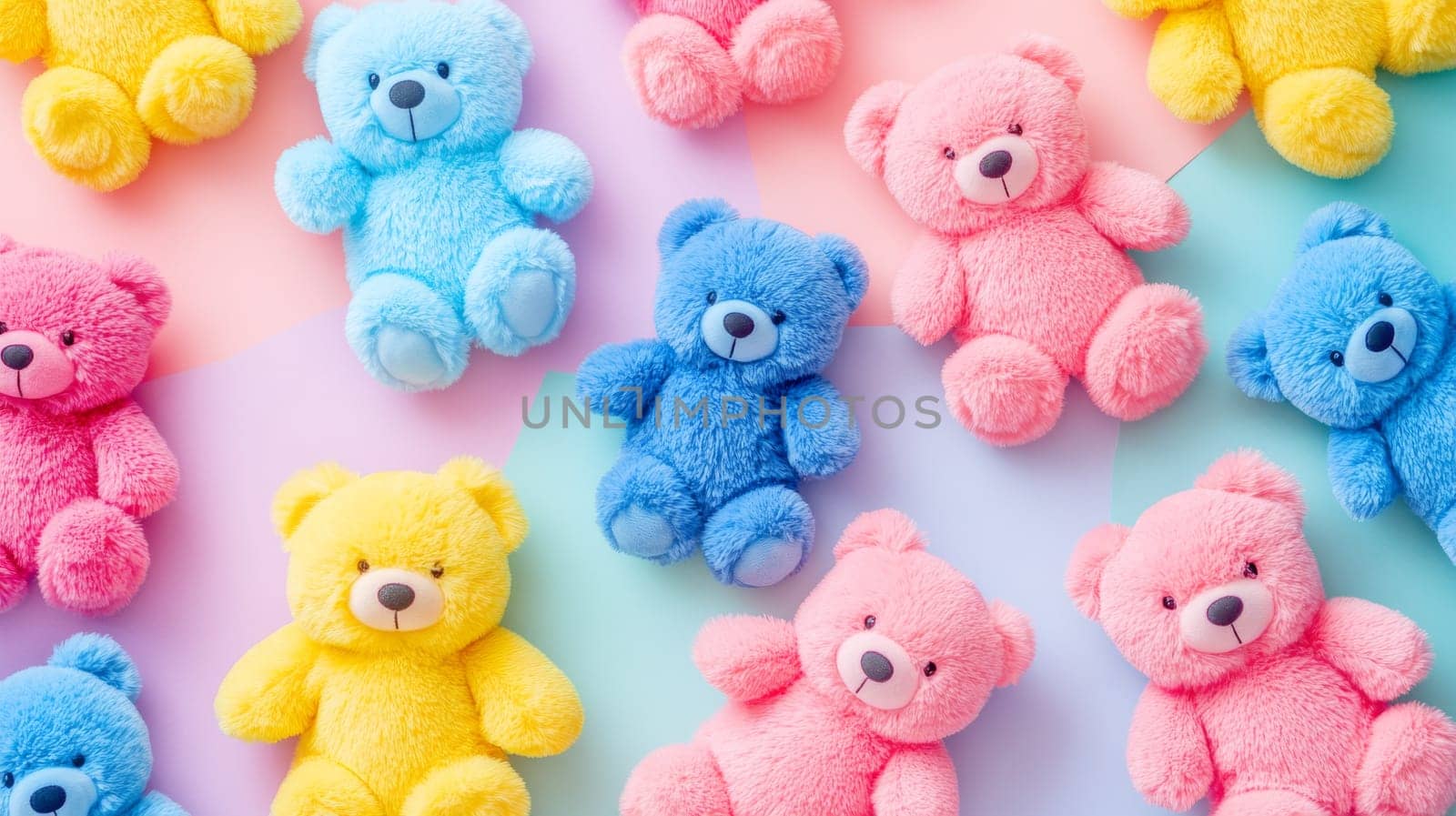 Colorful teddy bears arranged on a vibrant pastel background, evoking a sense of joy and childhood nostalgia