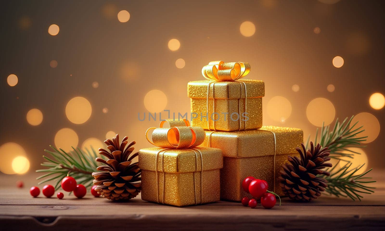 Three shimmering golden gift boxes sit among pine cones and berries, illuminated by soft, warm bokeh lights, perfect for winter festivities - Generative AI