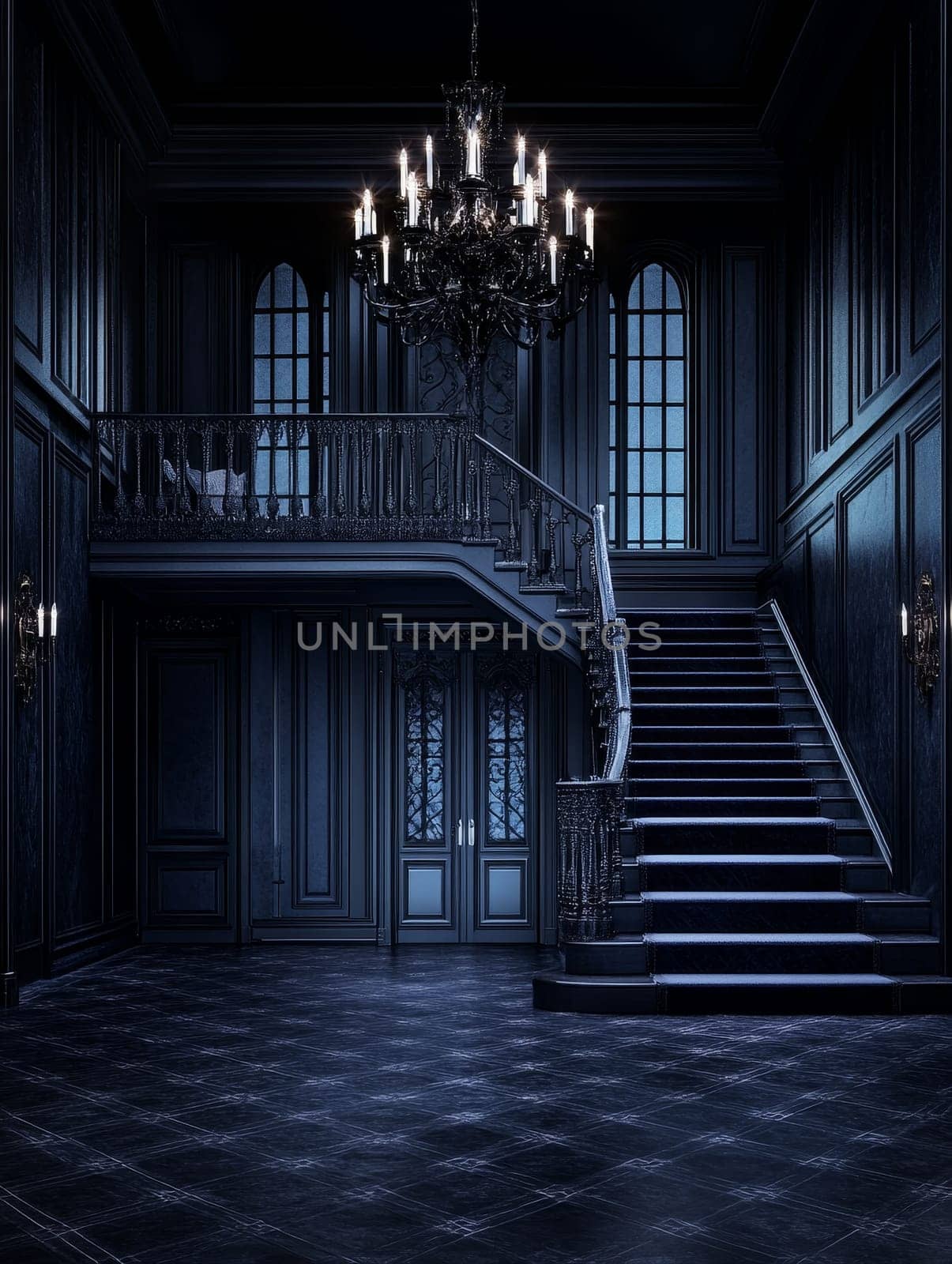 A majestic staircase in a dimly lit mansion adorned with an ornate chandelier and elegant decor.